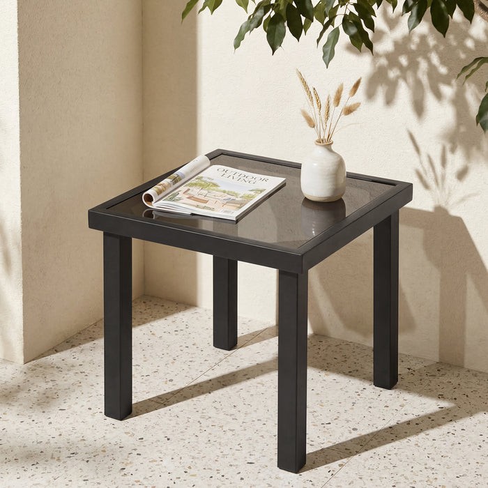 Outdoor Square End Table, Patio Coffee Table with Water-Resistant Glass Top