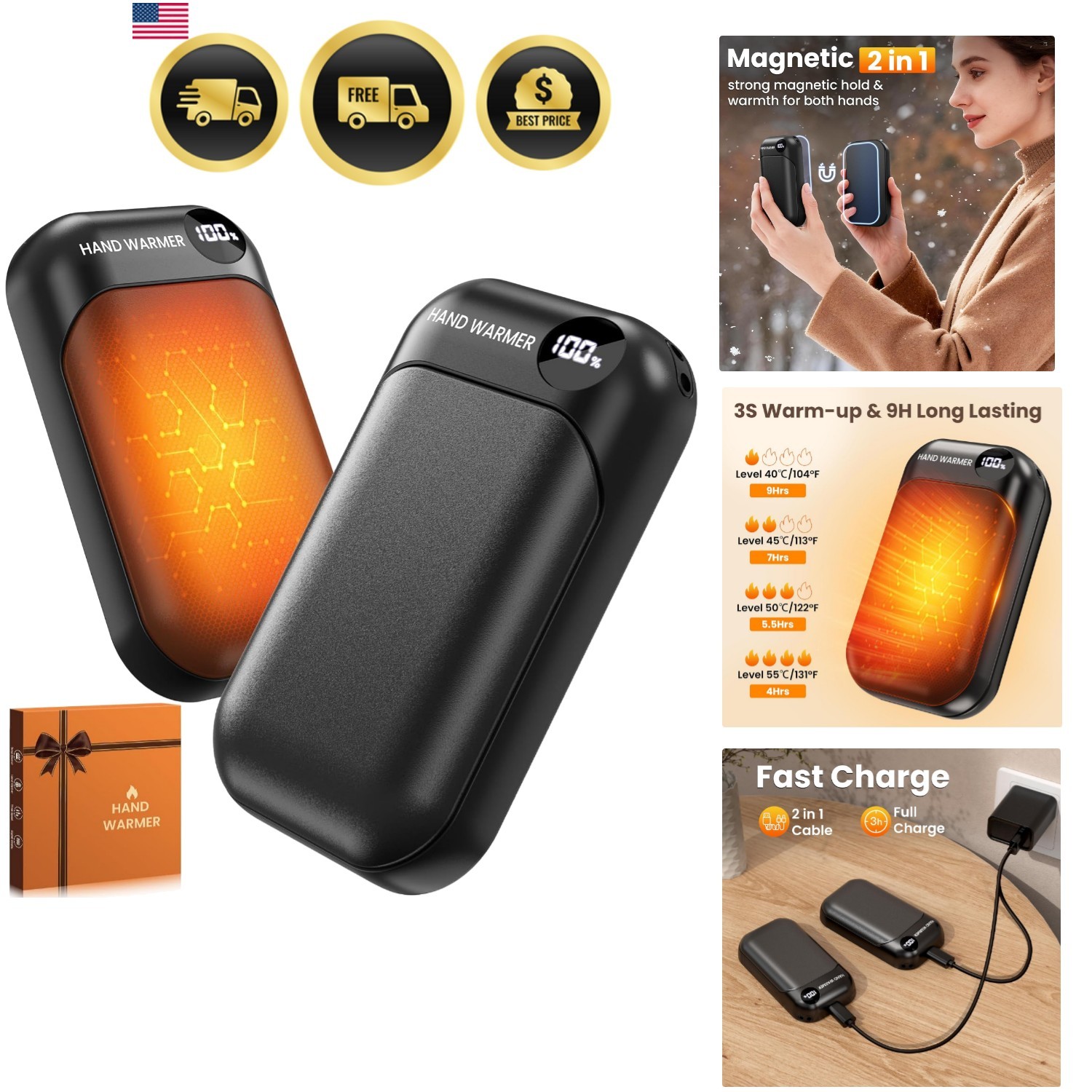Hand Warmers Rechargeable 2 Pack, 4-Levels 104°F to 131°F Electric Hand Warme...
