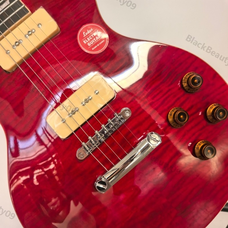 Electric Guitar Bone Nut Stainless Rounded Fret Edge Flamed Transparent Red P-90