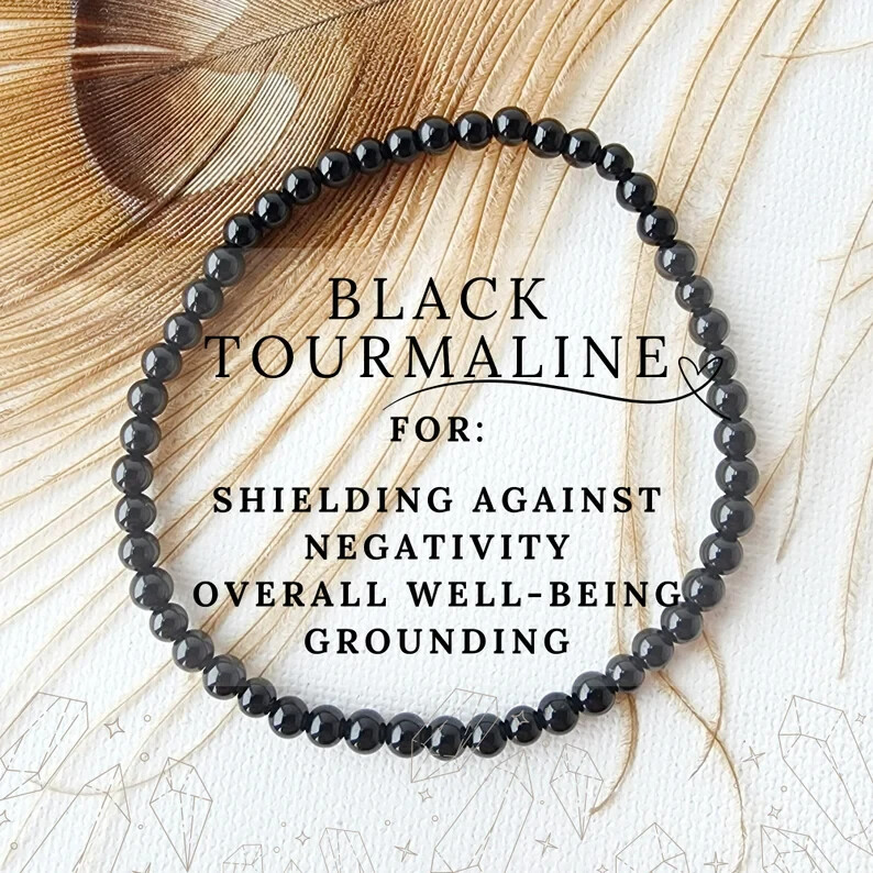 Natural Black Tourmaline 4mm Beaded Crystal Protection Handmade Healing Bracelet