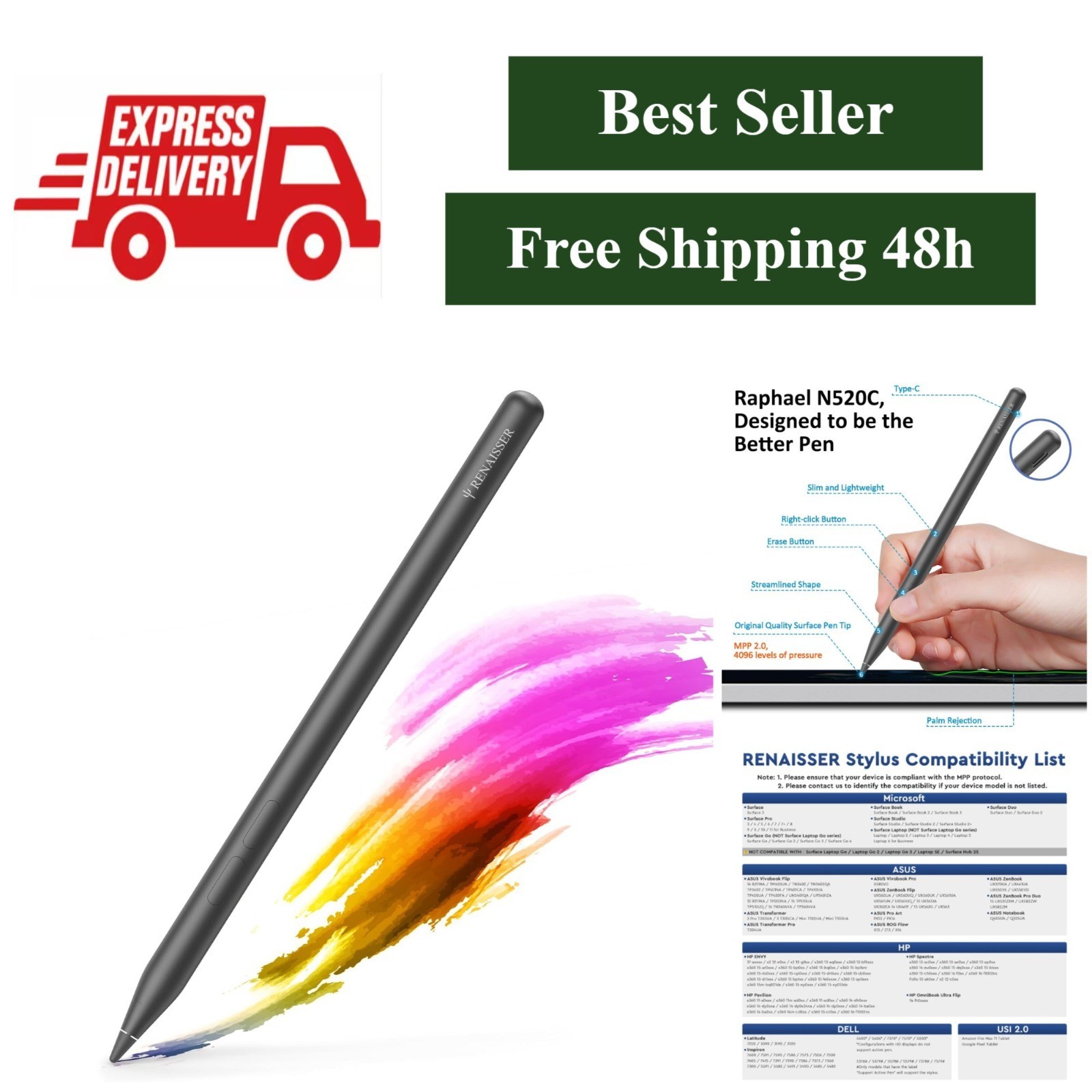 RENAISSER Raphael N520C Surface Pen - MPP 2.0 Stylus for Surface Devices