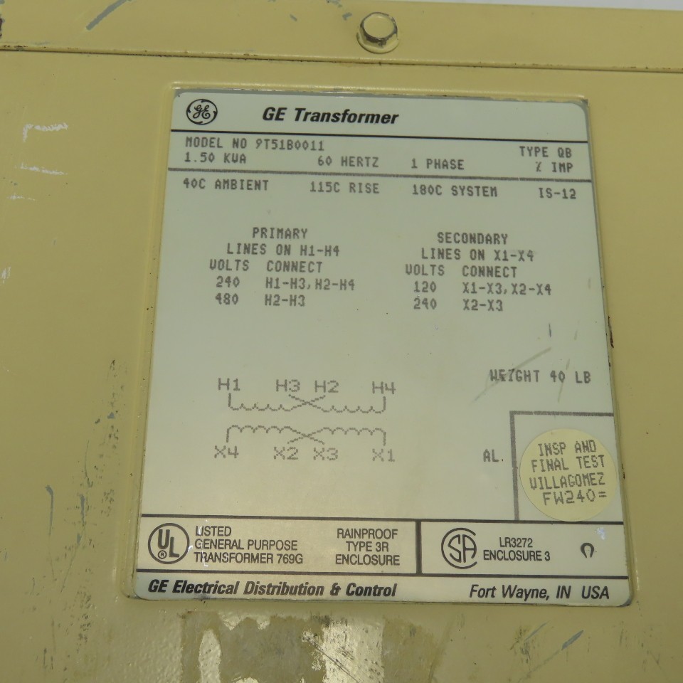 GE General Electric 9T51B0011 1.50KVa Transformer 240/480V Pri 120/240V Sec 1Ph