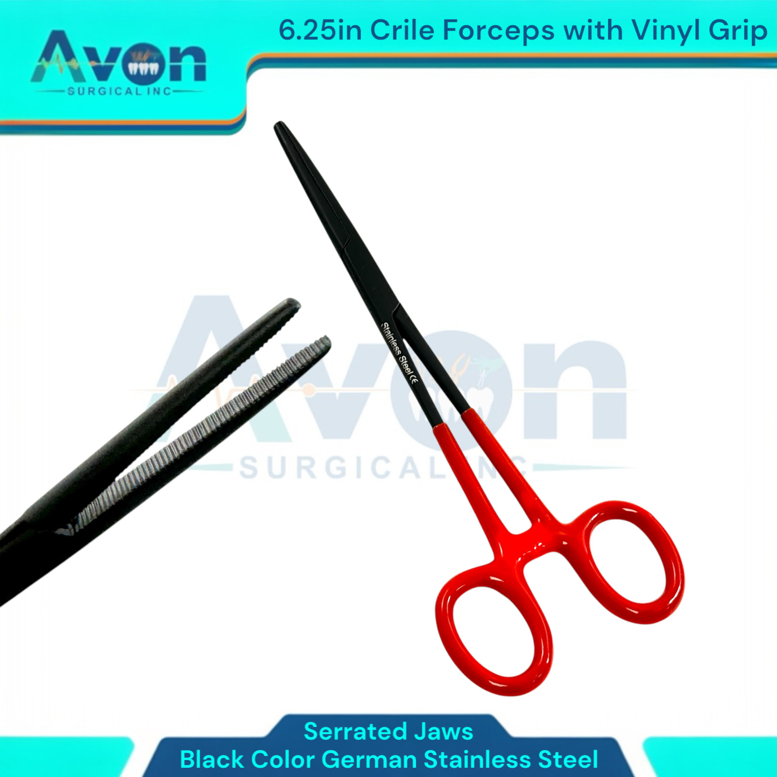 6.25in Crile Forceps with Red Vinyl Grip, Serrated. Black German Stainless Steel