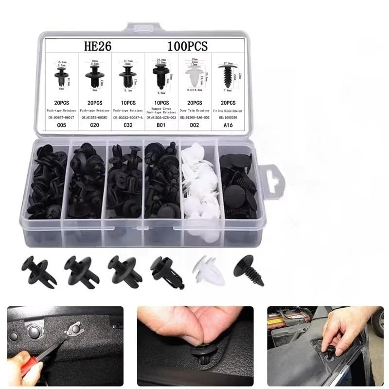 100 Pcs Bumper Clips Car Plastic Rivets Fasteners Push One Size, Black
