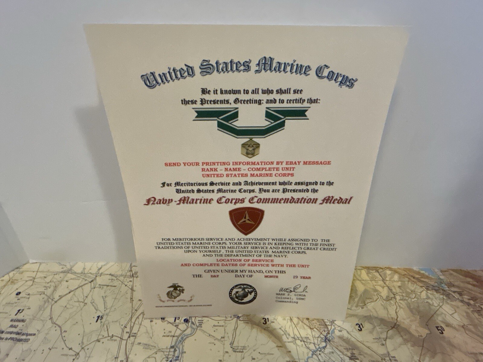 U.S.M.C. / NAVY COMMENDATION MEDAL CERTIFICATE - 3RD MARINE DIVISION