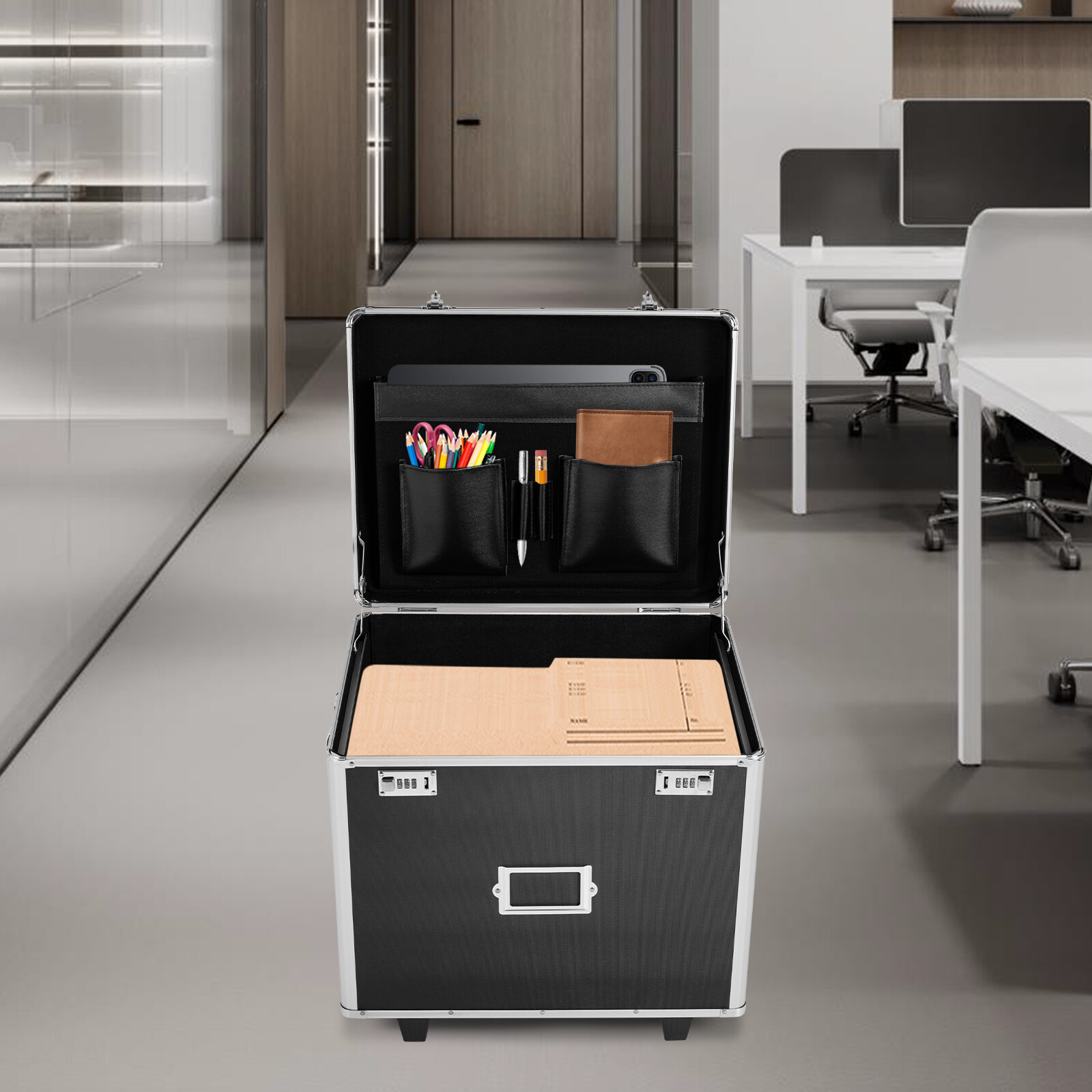 Aluminum Alloy File Lock Box, Hand pull File Case Locking Mobile Business Box