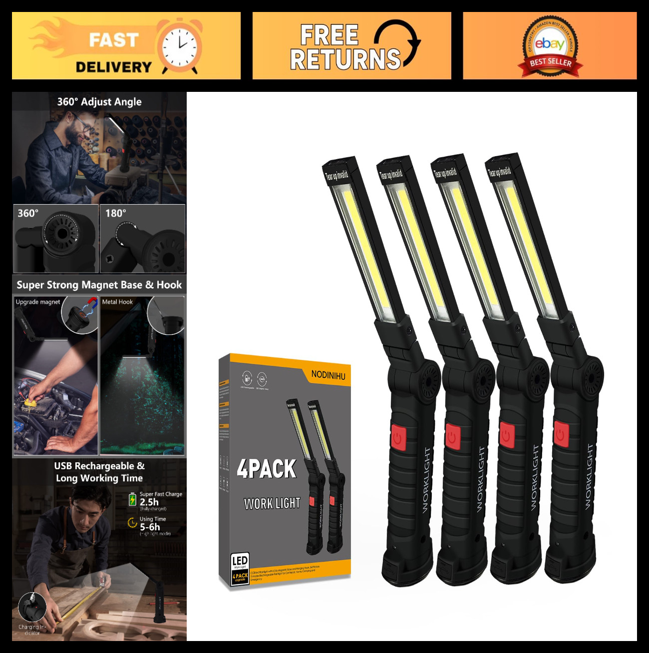 Portable Rechargeable Work Light - 800 Lumens COB LED, Magnetic Base, 5 Modes, 3