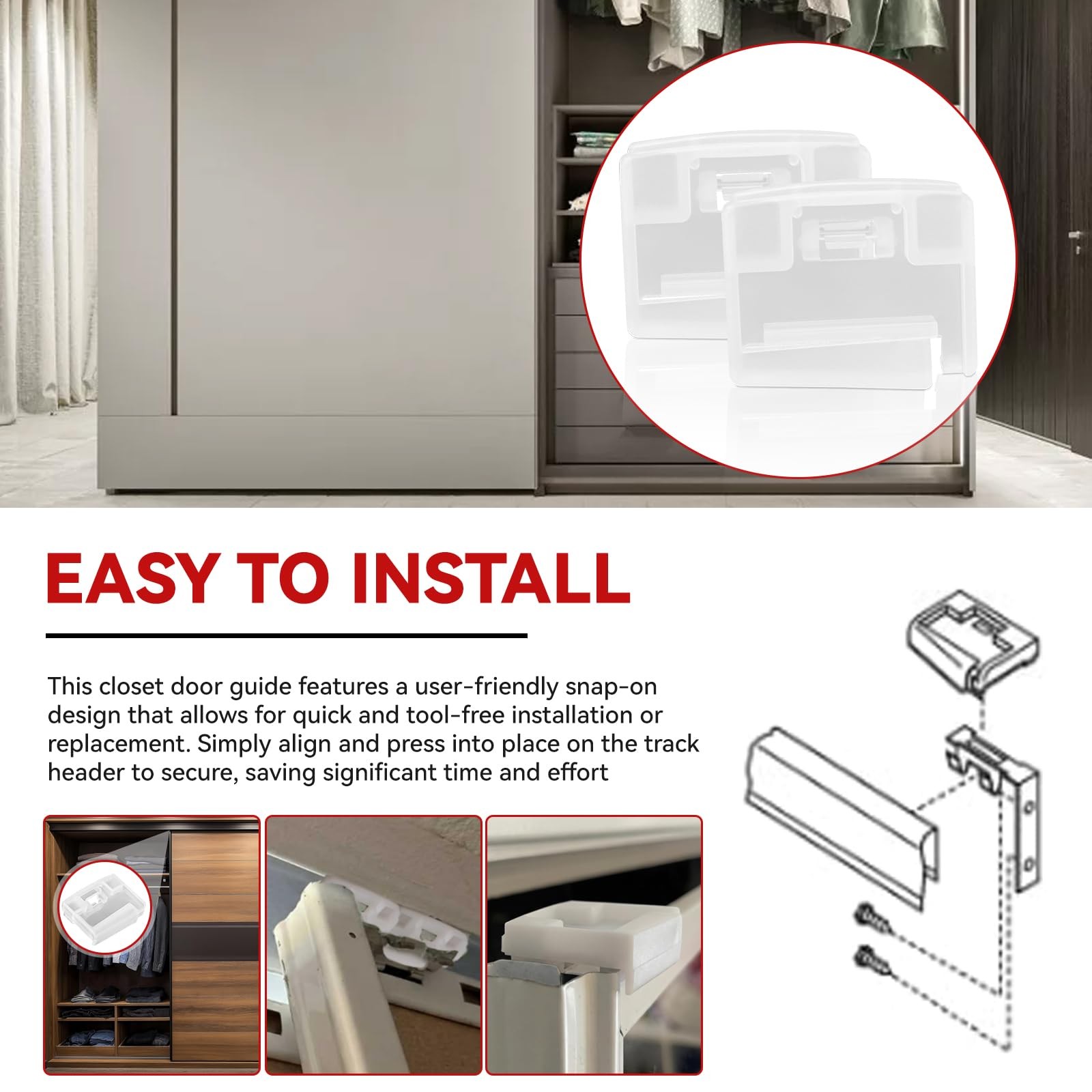 Professional Replacement Closet Door Top Guide Set (4-Pack) for White Clear