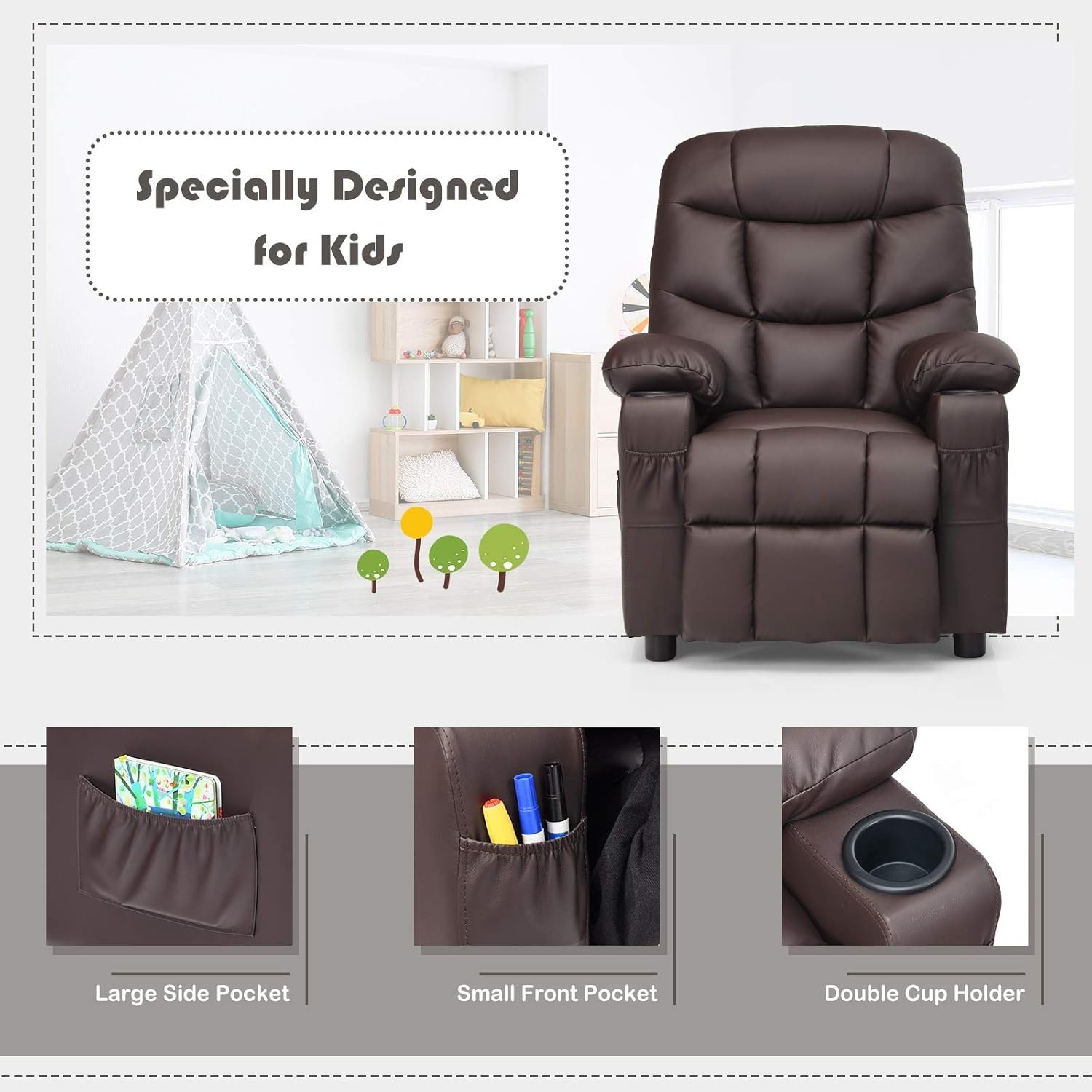 Kids Recliner Chair with Cup Holder, Adjustable Leather Lounge Chair w/Footre...
