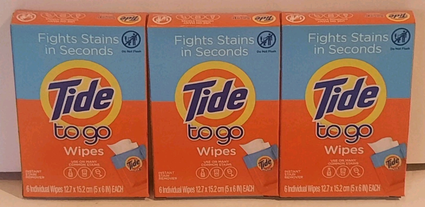 Lot Of (3) Tide To Go Wipes 6 Ct Wipes Each Travel Size Instant Stain Remover