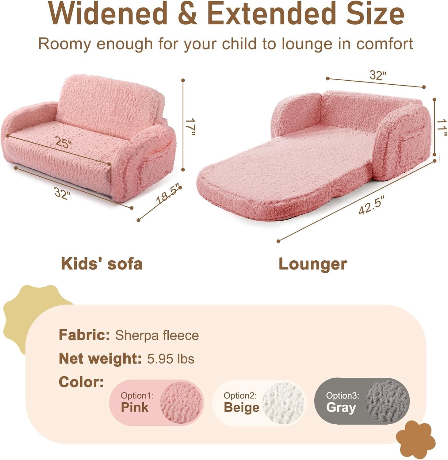 2-in-1 Sherpa Fold Out Kids Couch Extra Wide Comfy Toddler Chair Convertible