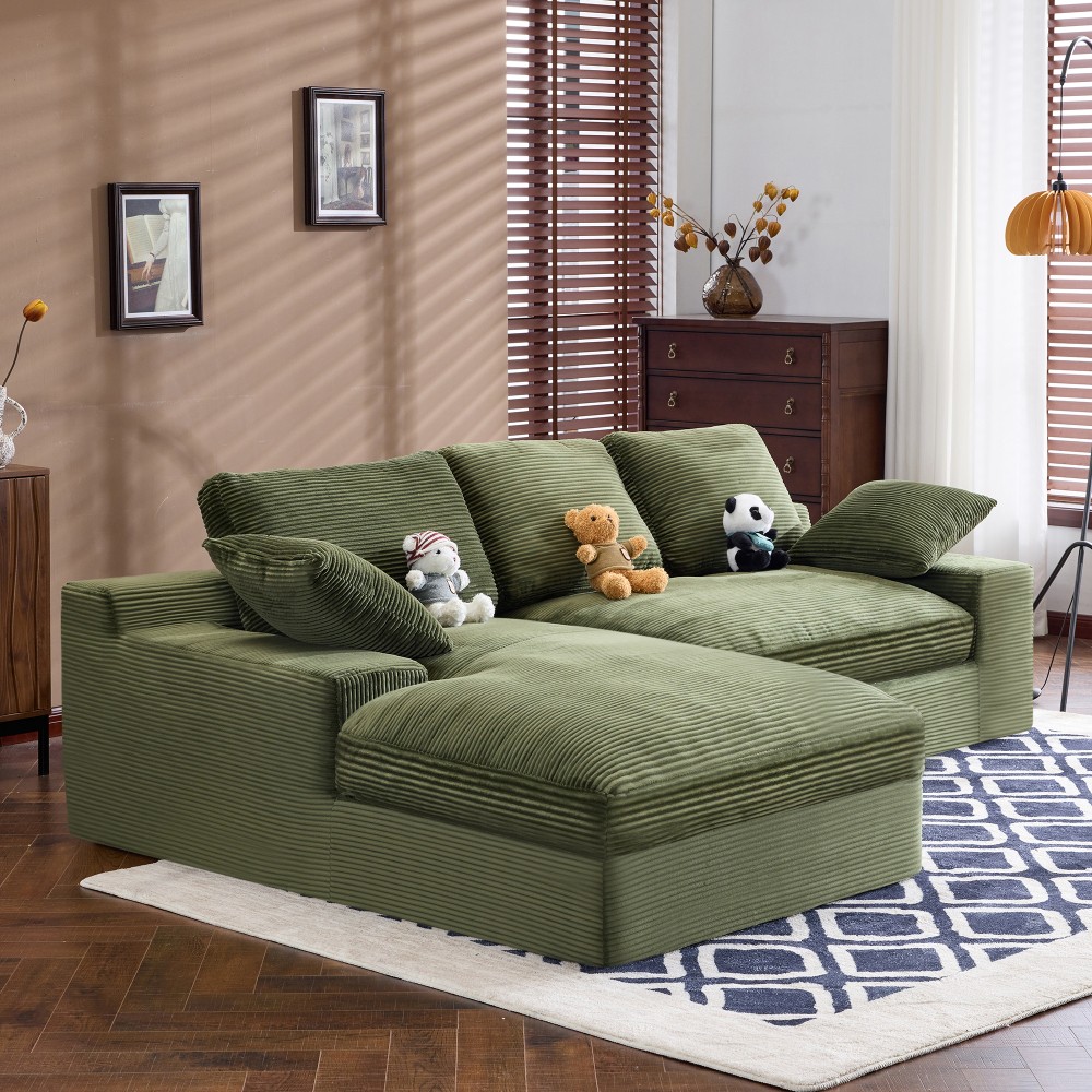 Green Corduroy Sofa w/ Back Cushions & Throw Pillows, Medium-Soft Foam Seat