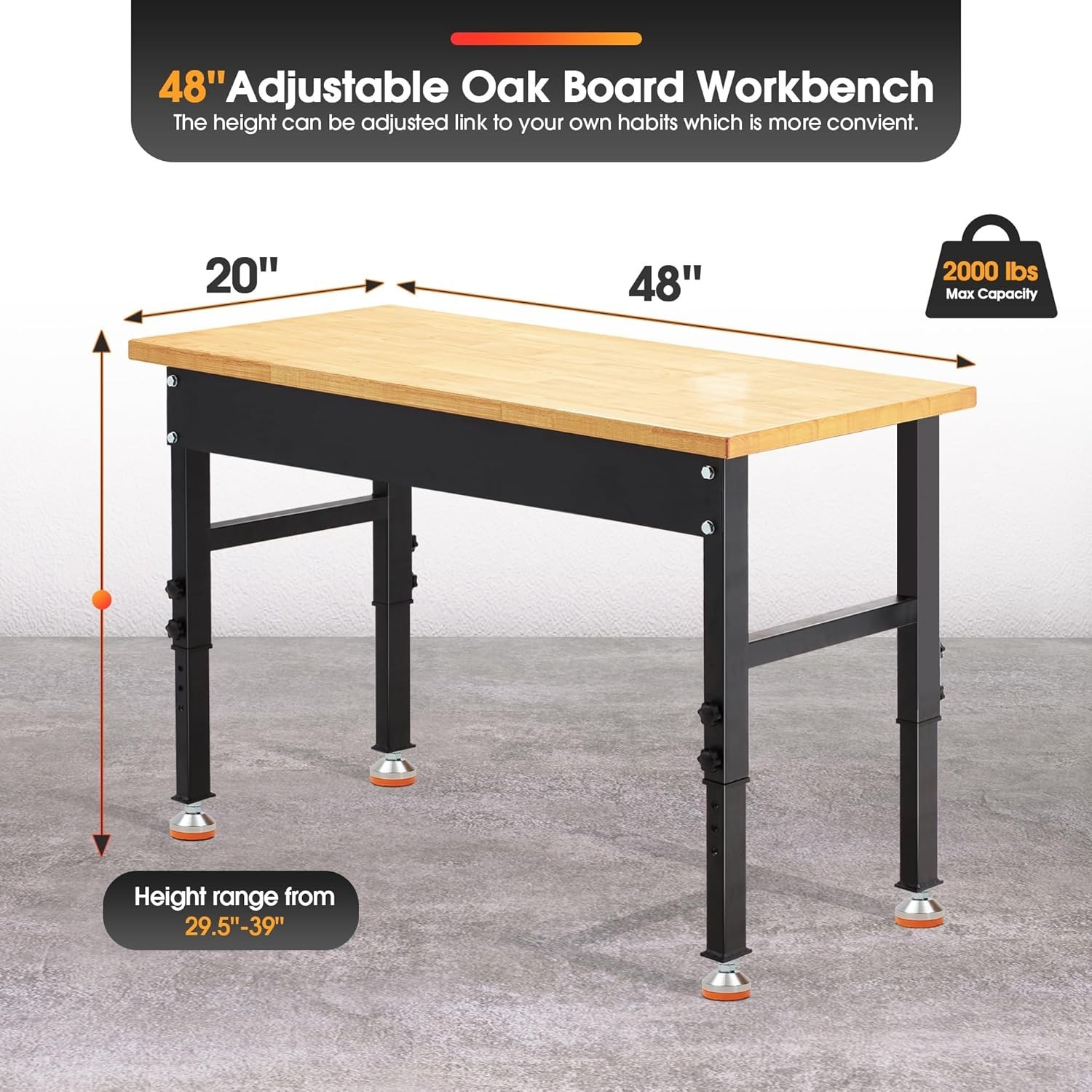 48 * 20" Adjustable Workbench 2000 LBS Load Capacity Heavy Duty Workstation