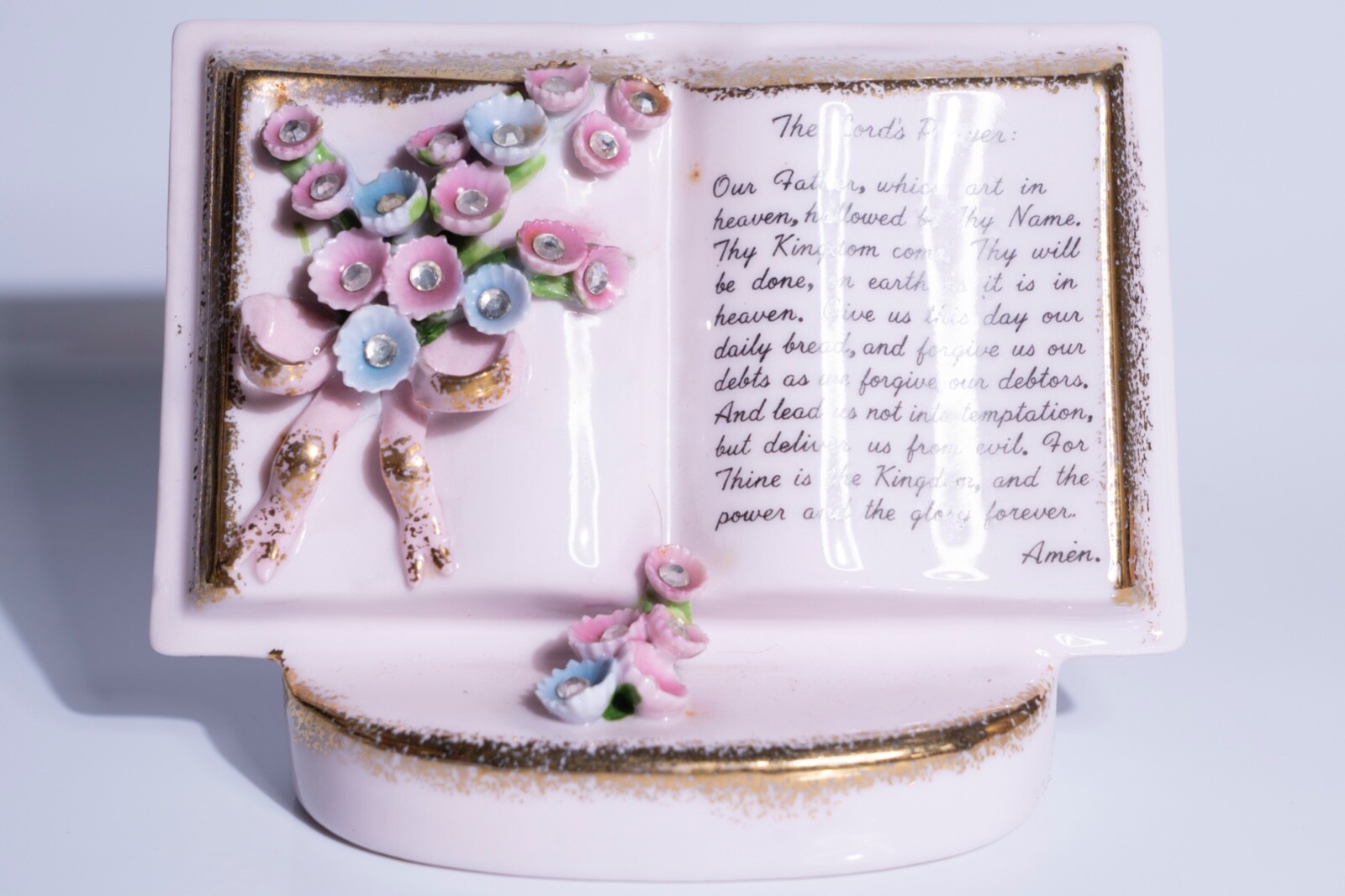 Lefton Lords Prayer Book Shaped Planter Japan Pink Gold Christian Religious