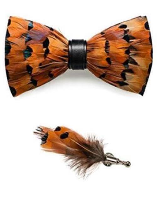 RBOCOTT Orange Feather Pre-tied Bow tie Leather Bowtie and Brooch Sets for