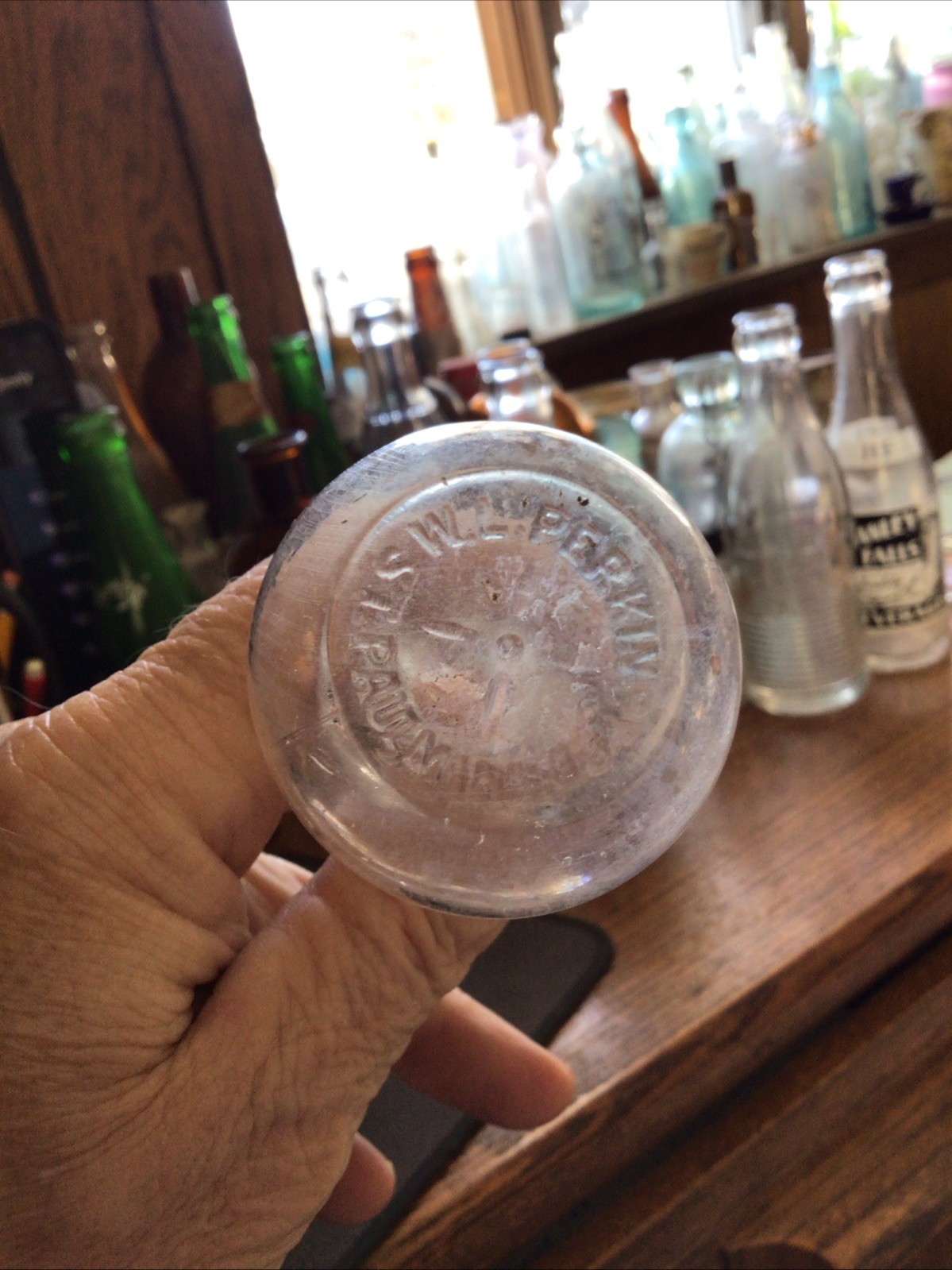 3.25” Mini Decanter Whiskey Bottle W L PERKINS ST PAUL MINN, 1890’s EMBOSSED.