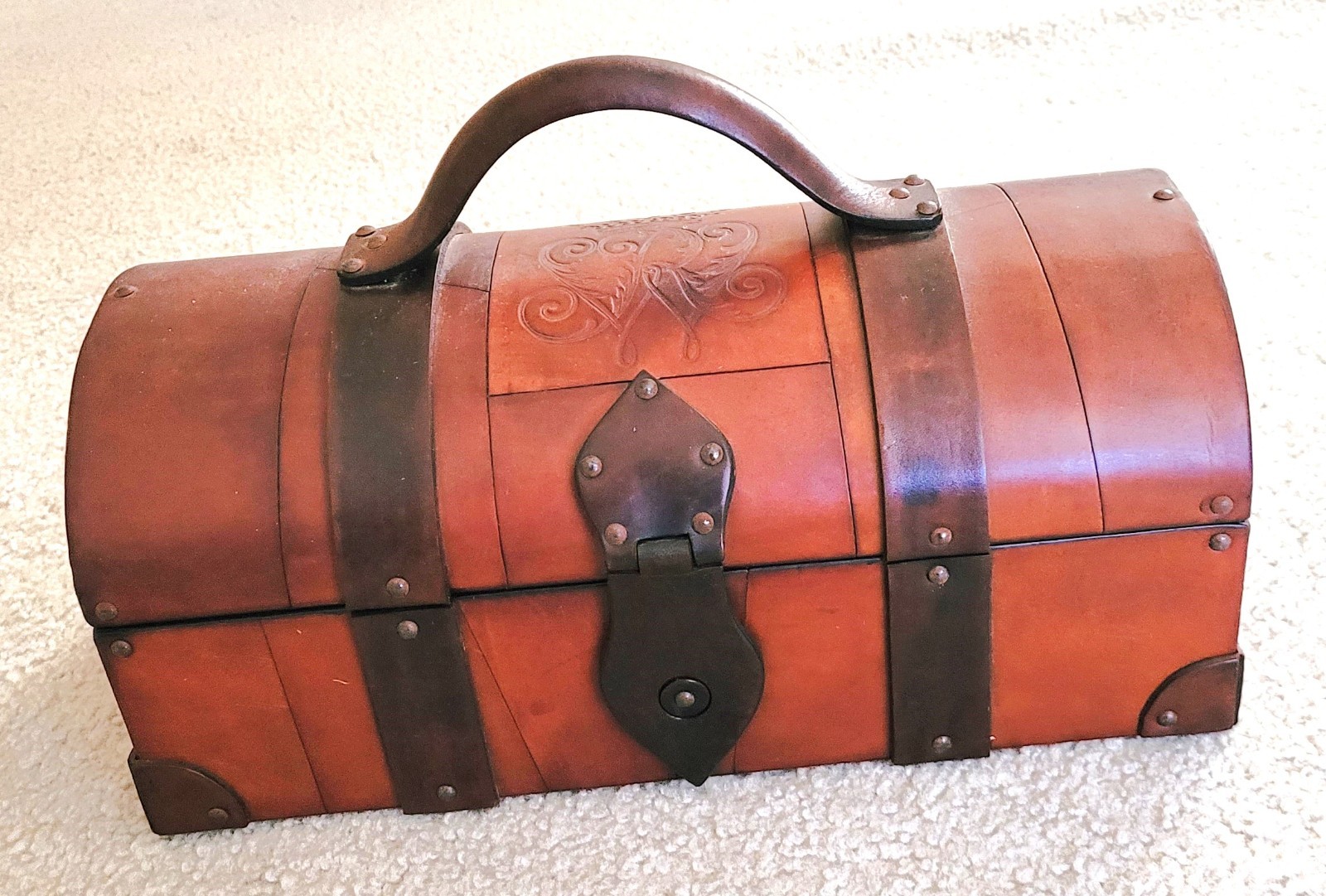 VTG RARE HANDMADE WESLEY BOBER WOOD & LEATHER STORAGE BOX 14L" x 6"H x 7.5"W, 19