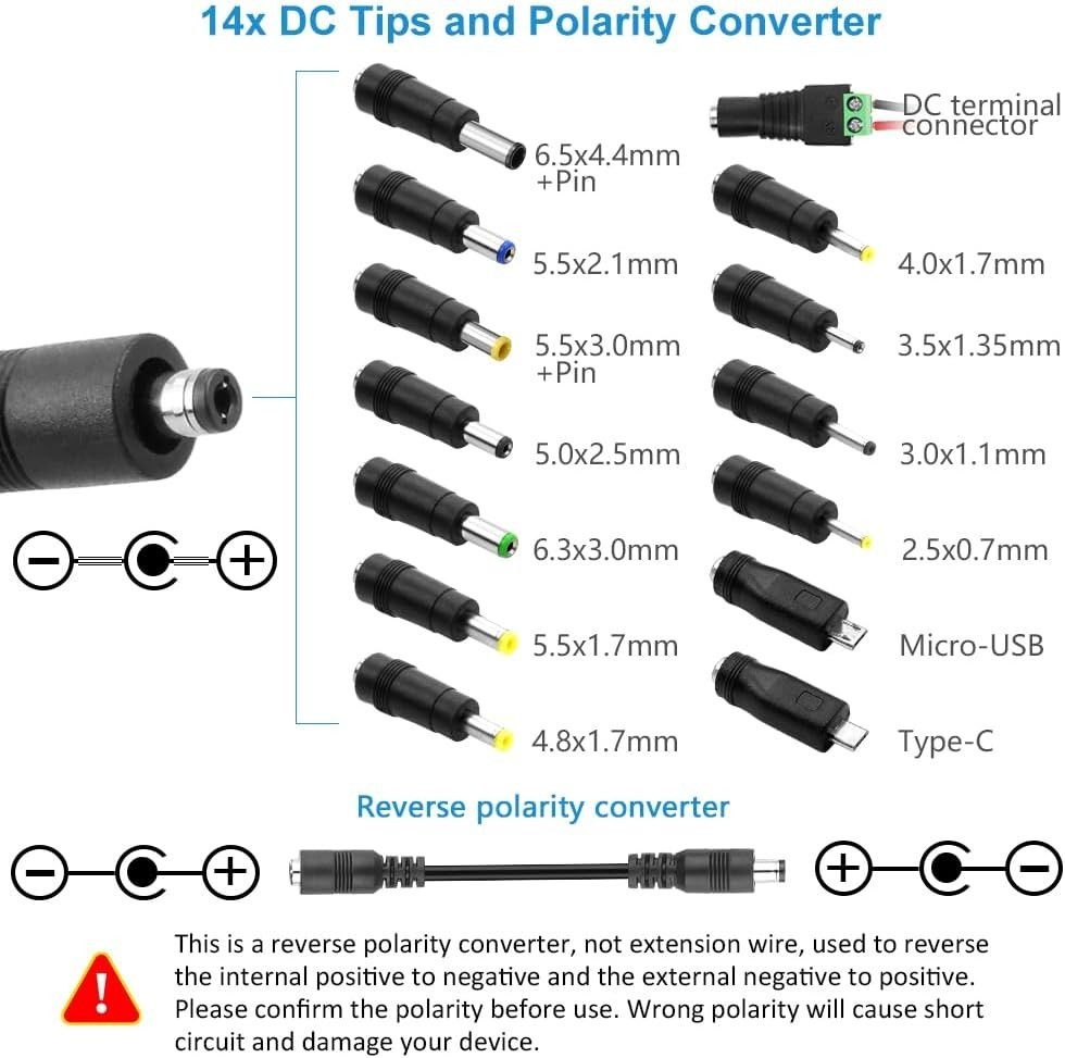 72W Universal AC/DC Adapter with Adjustable Voltage and Multiple Tips Included