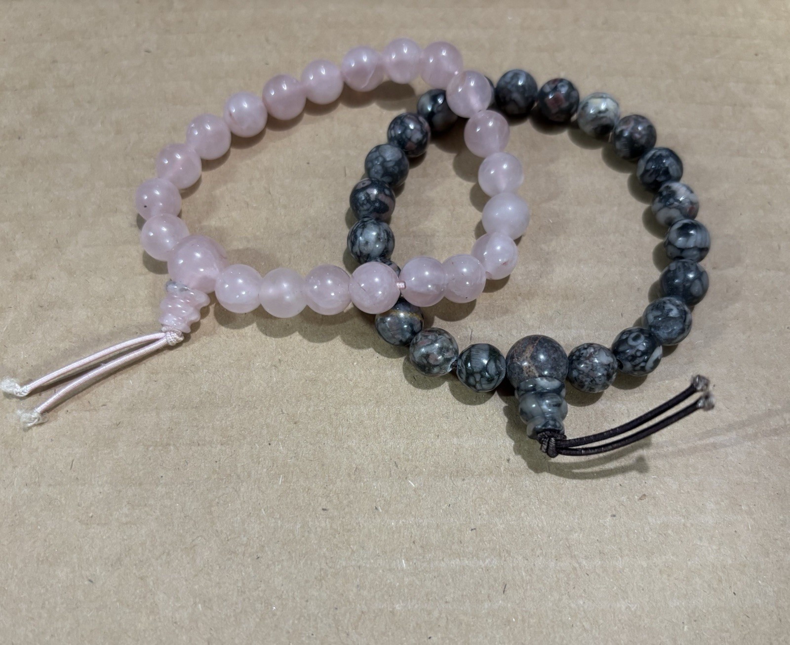 Beaded Adjustable Tie Bracelet Set Rose Quartz Jasper Pink Gray Bohemian Nature