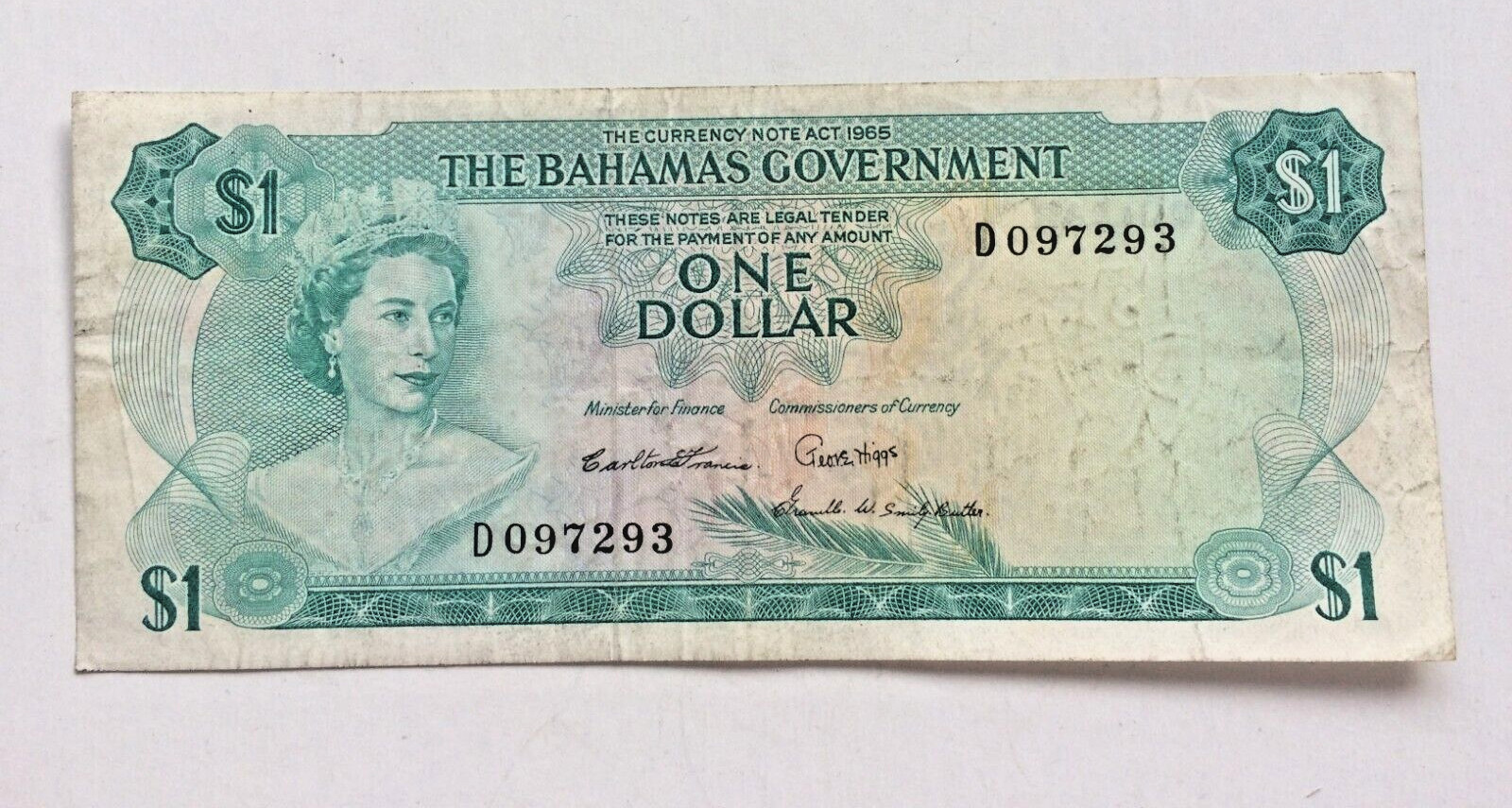 1965 BAHAMAS $1 DOLLAR BANKNOTE PAPER MONEY - QUEEN ELIZABETH II (P51)