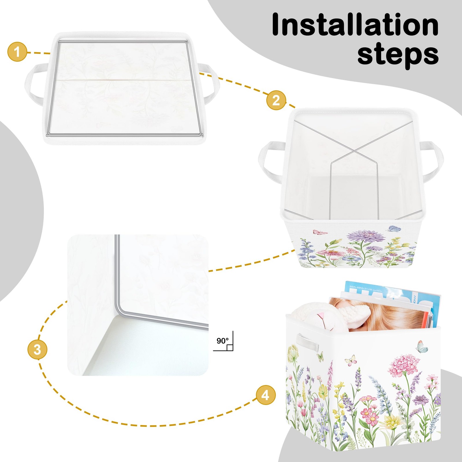 11.8" Spring Summer Flower Cube Storage Organizer Set 3Pcs Wild Plants Cube S...