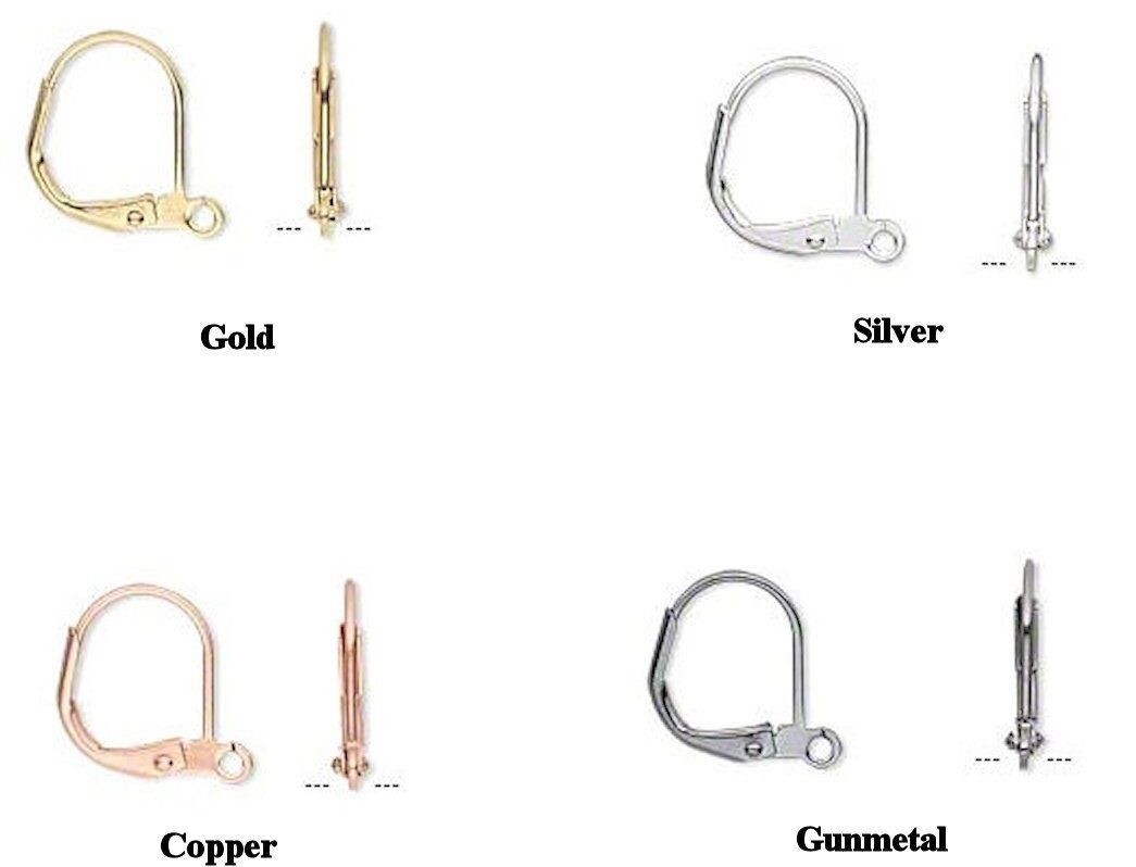 10 Silver, Gold, Copper, Gunmetal Plated 14mm Leverback Ear Wires with Loop