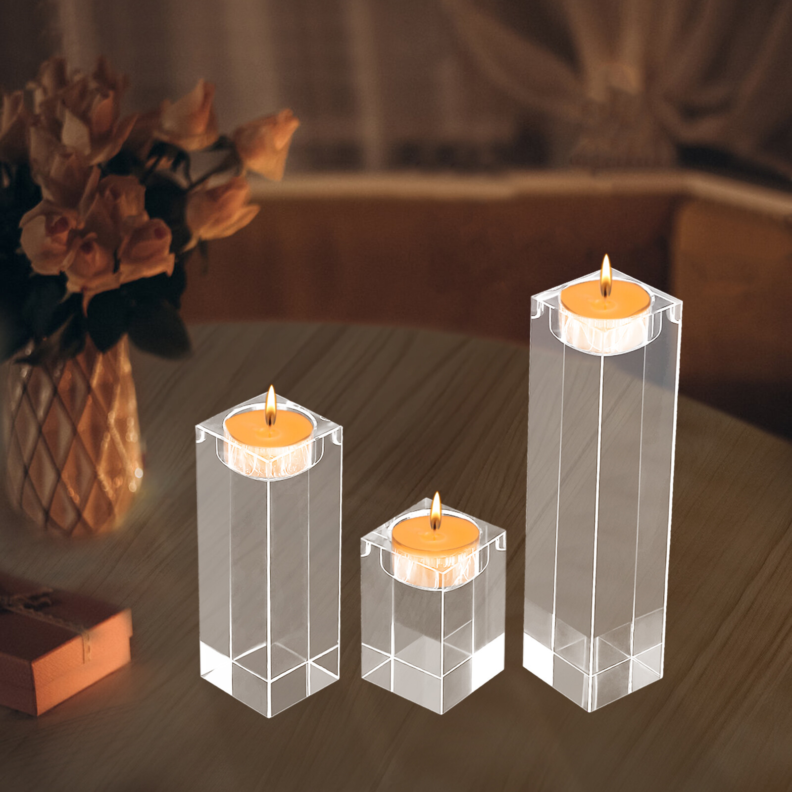 Set of 3 Glass Candle Holder, Crystal Clear Pillar Candle Stand 1.97"Square