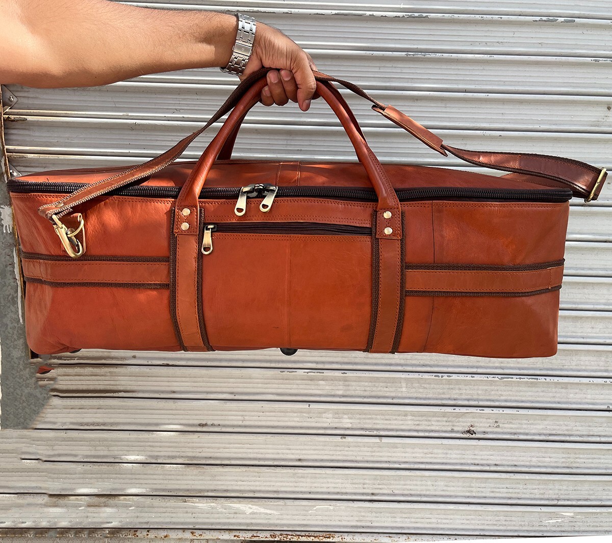 Premium Leather Drum Set Hardware Carry Bag with Removable Shoulder Strap BROWN