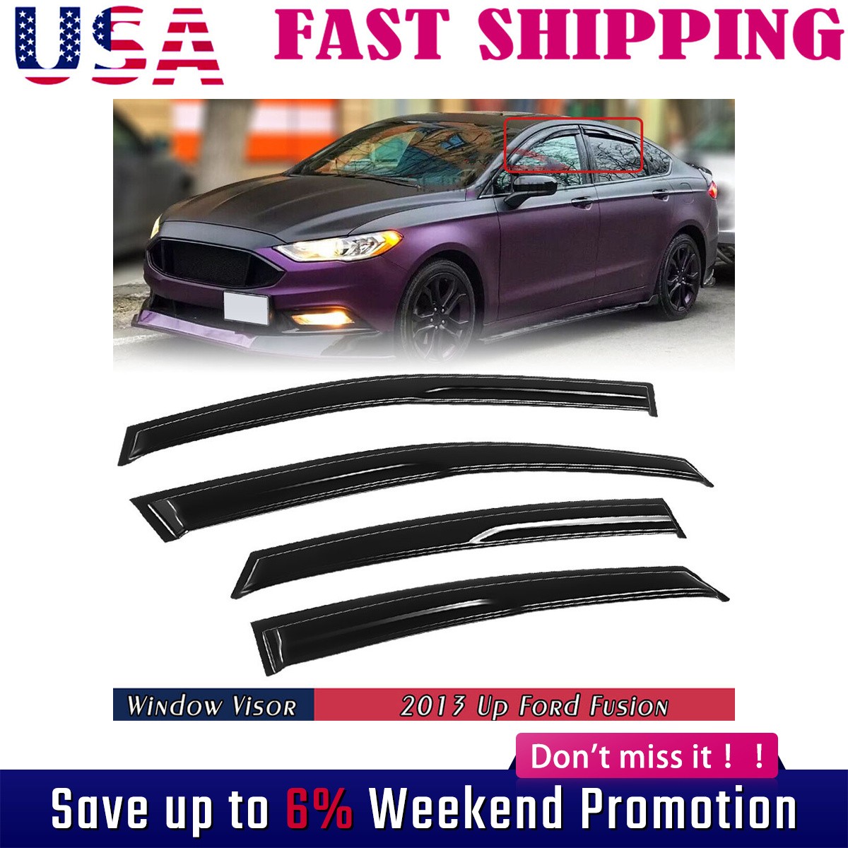 For Ford Fusion 2013-2020 Tape-on Window Vent Visors Rain Guards Deflectors