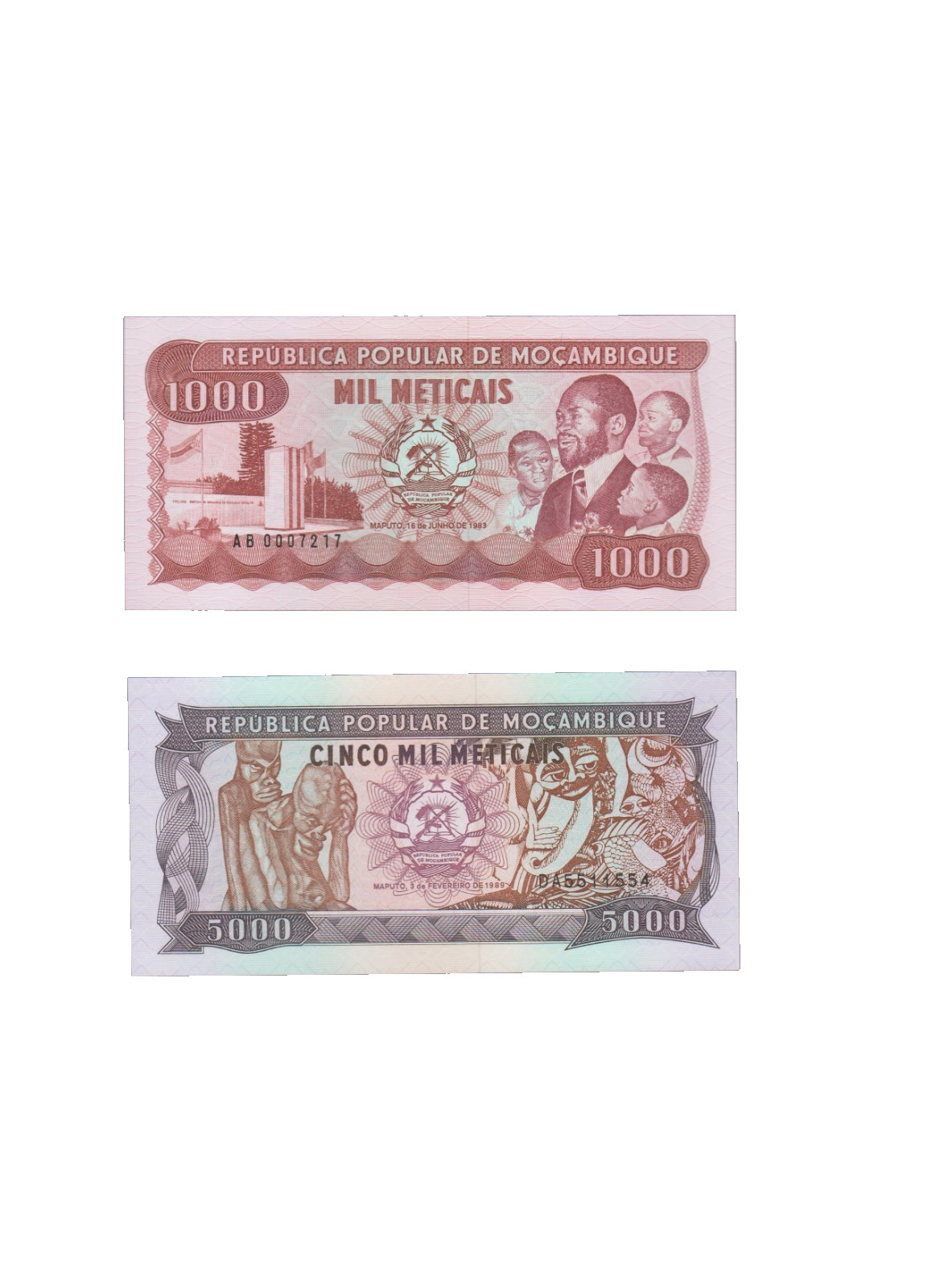 MOZAMBIQUE 1983 AND 1989 1000 AND 5000 METICAIS BANKNOTES P132a AND P133b UNC