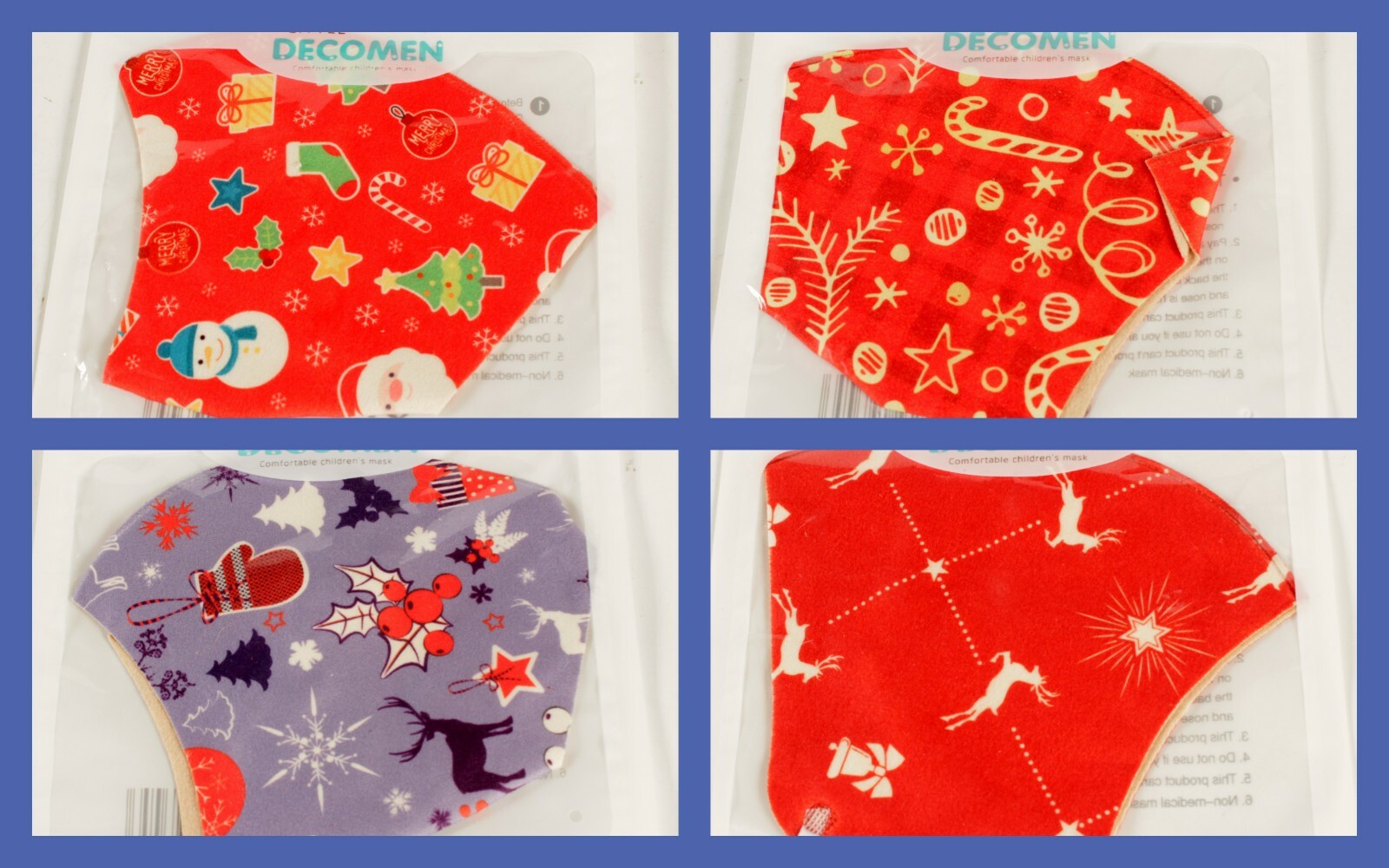 Children's Face Mask 4 Pack Holiday Prints Adjustable Loops NEW Age 5-10 NEW