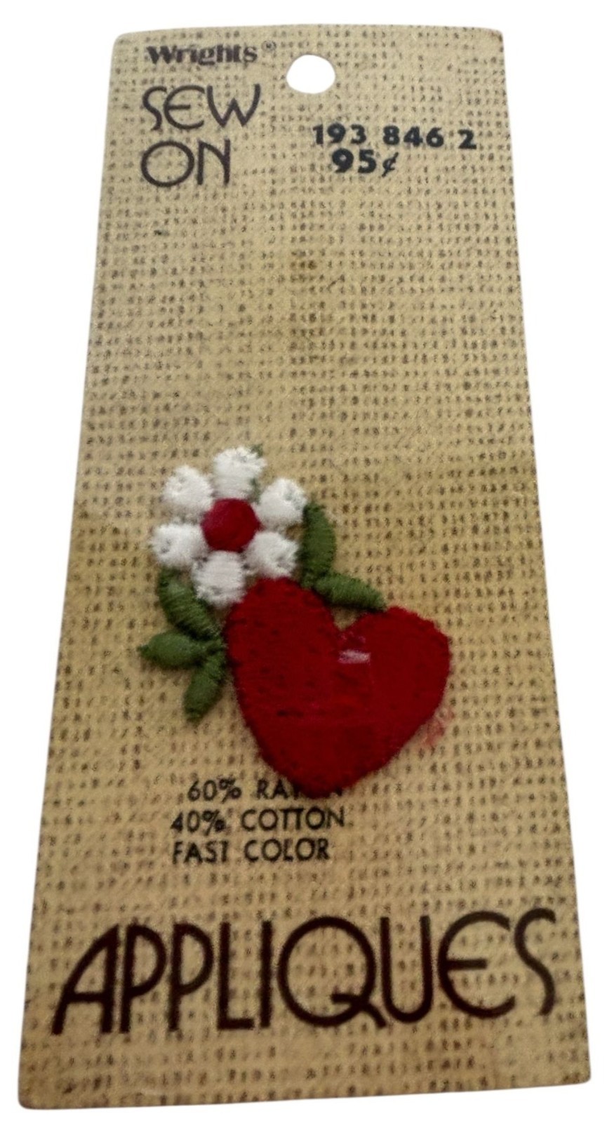 Wrights Sew On Applique Heart Flower Vintage Embroidered Motif Rayon Cotton 1.5"