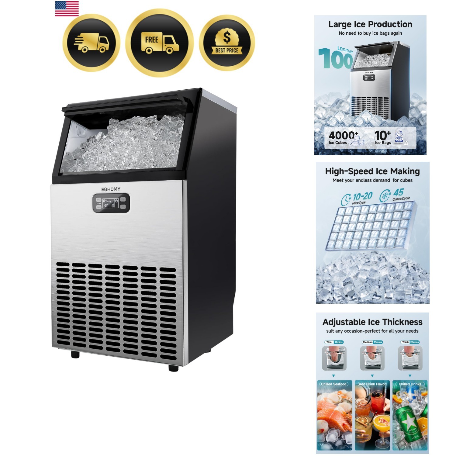 Commercial Ice Maker Machine, 100lbs/24H Stainless Steel Under Counter ice Ma...