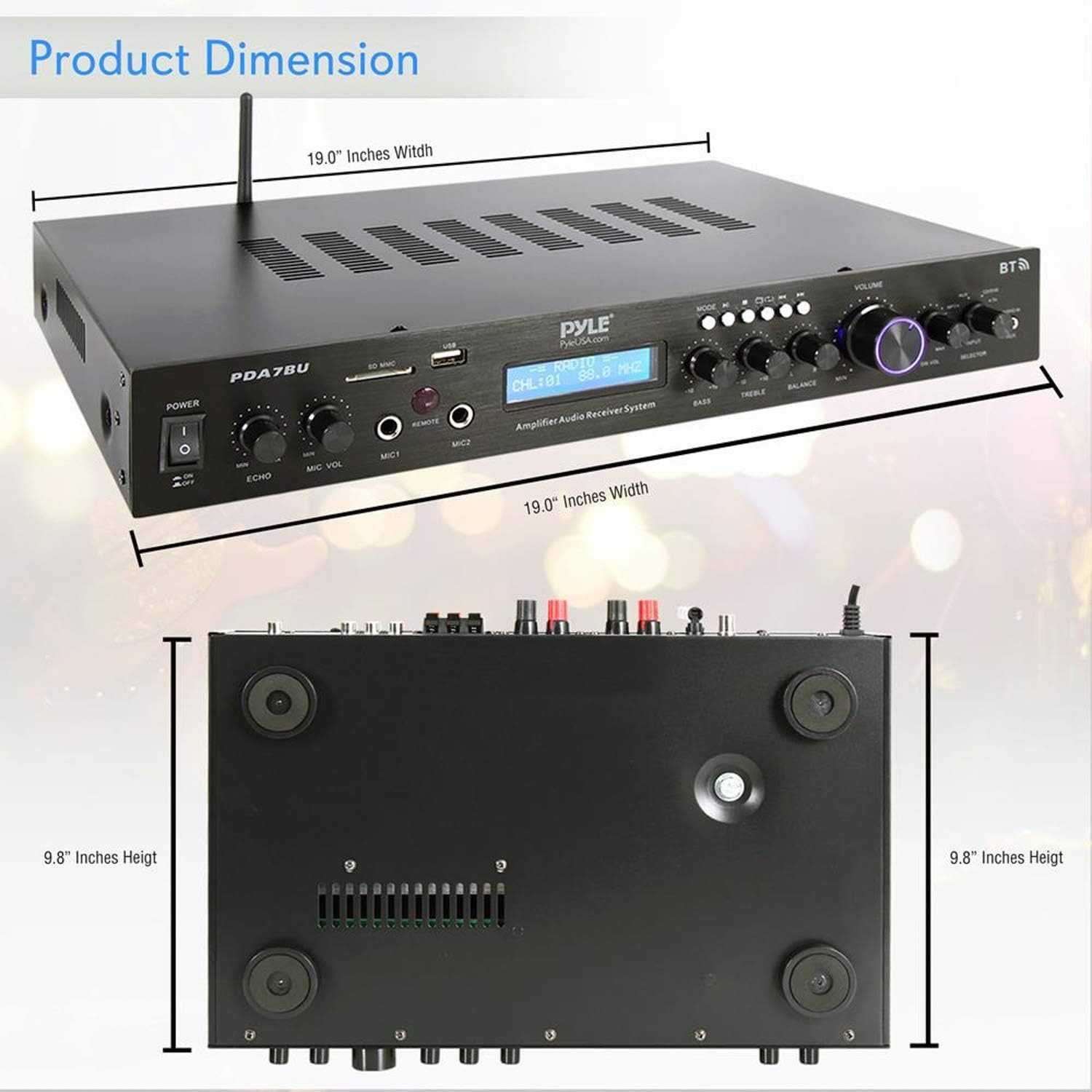 Pyle 5 Channel Wireless Bluetooth Power Amplifier 200W Stereo Speaker Receiver