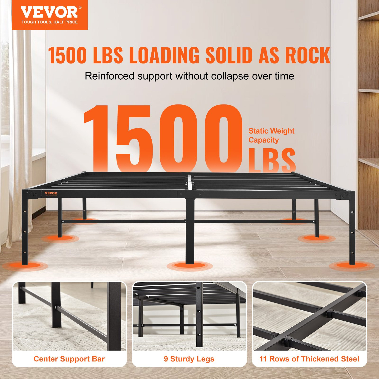 14 Inch Queen Metal Bed Frame Platform Heavy Duty 1500LBS No Box Spring