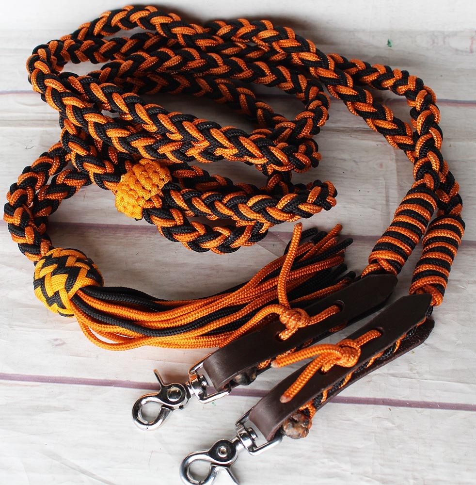 Horse Roping Western Barrel Split Reins Nylon Braided 8 Ft. Black Orange Tack