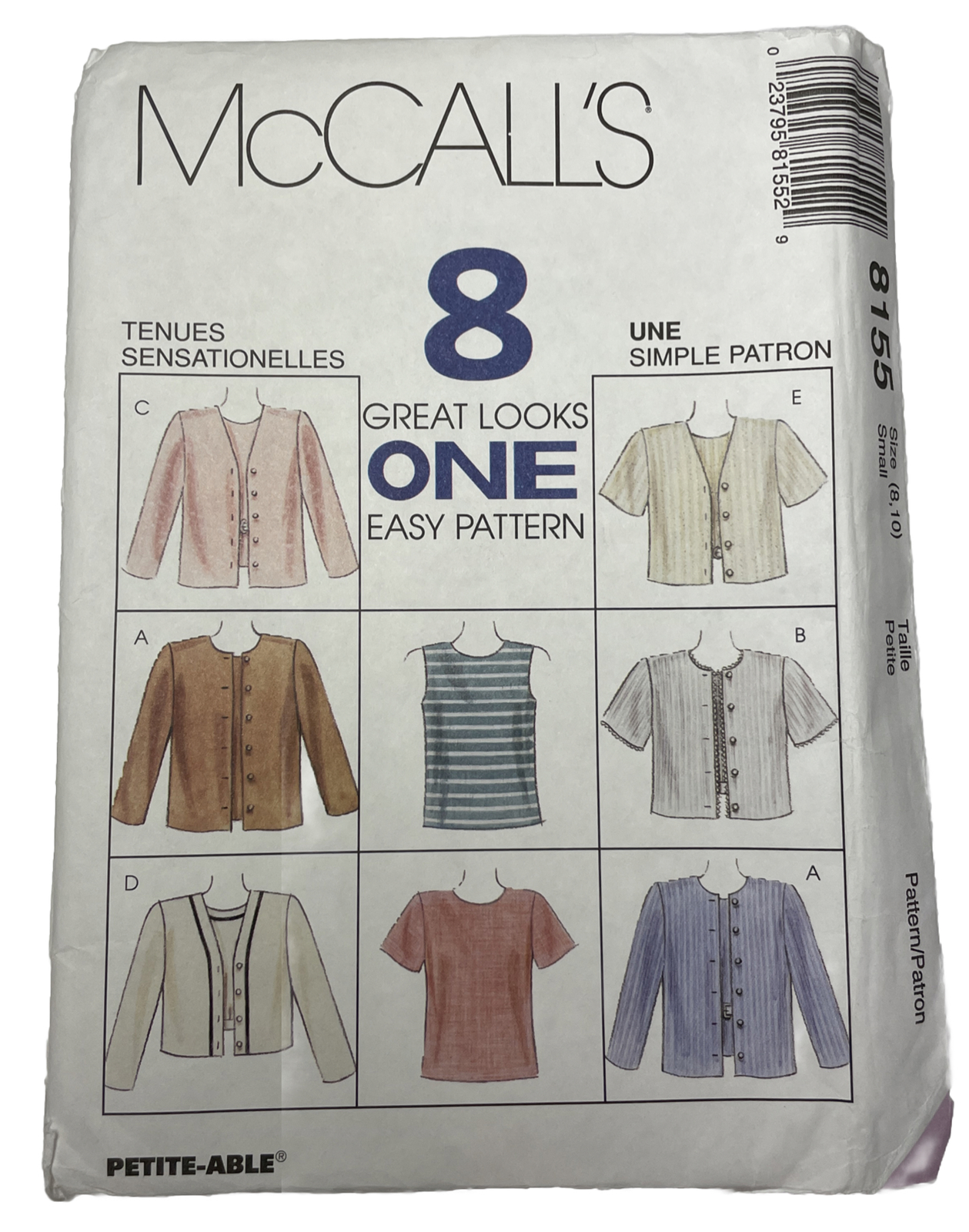 McCalls 8155 Sz 8-10 Petite-able Uncut Misses Top & Jacket 2 Lengths 1996