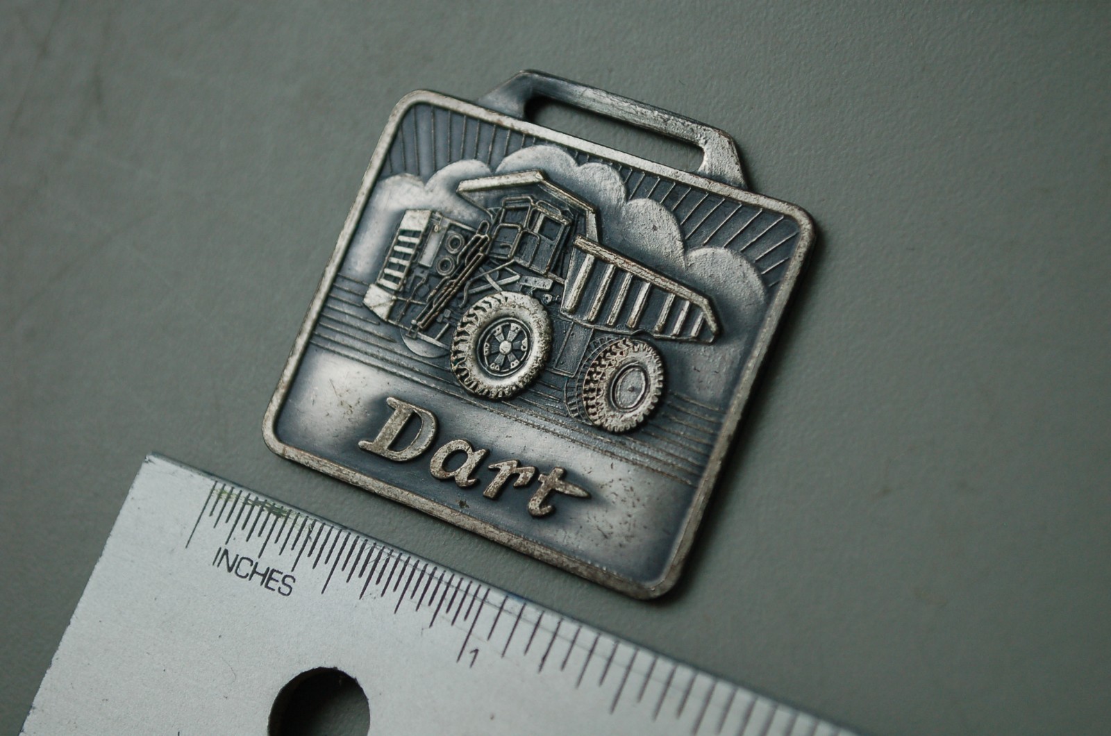 DART DUMP TRUCK Vintage Watch Fob rock haul quarry pewter color plate key gift