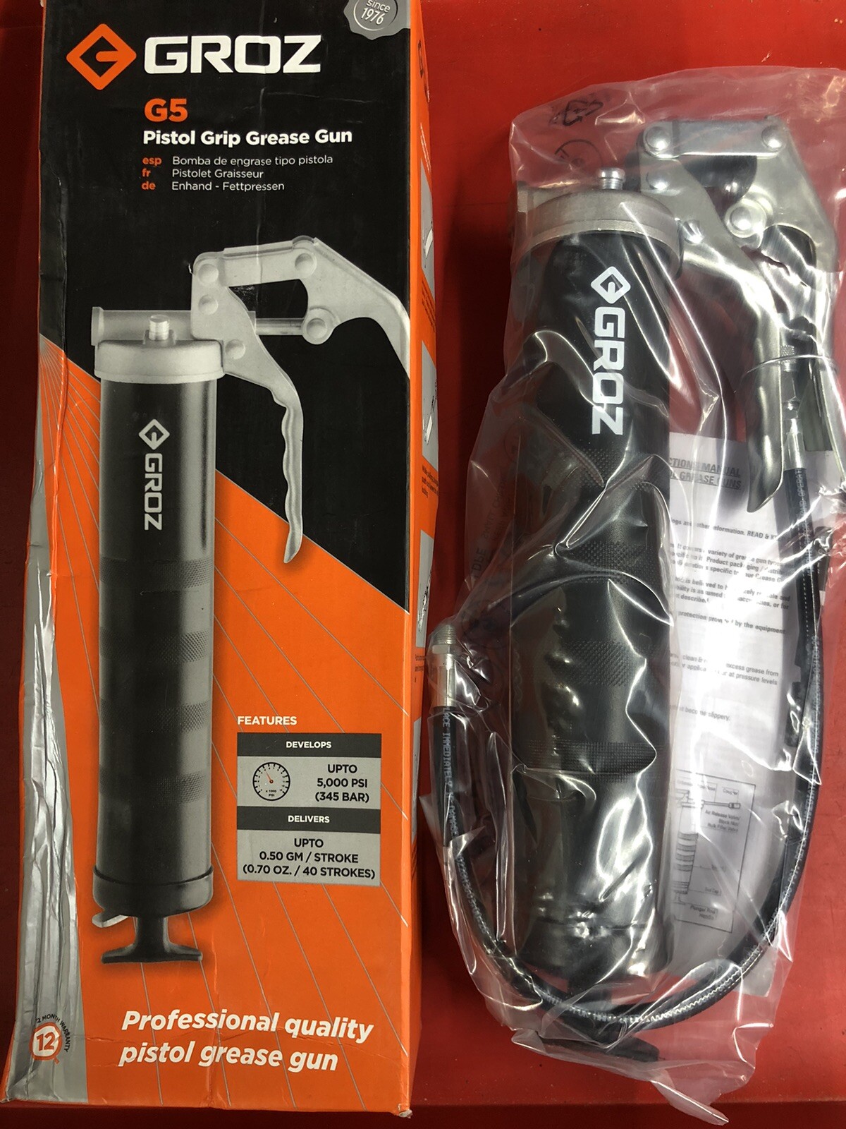 GROZ G5 PISTOL GRIP GREASE GUN UP TO 5,000 PSI W/ 12" FLEXIBLE HOSE & COUPLER
