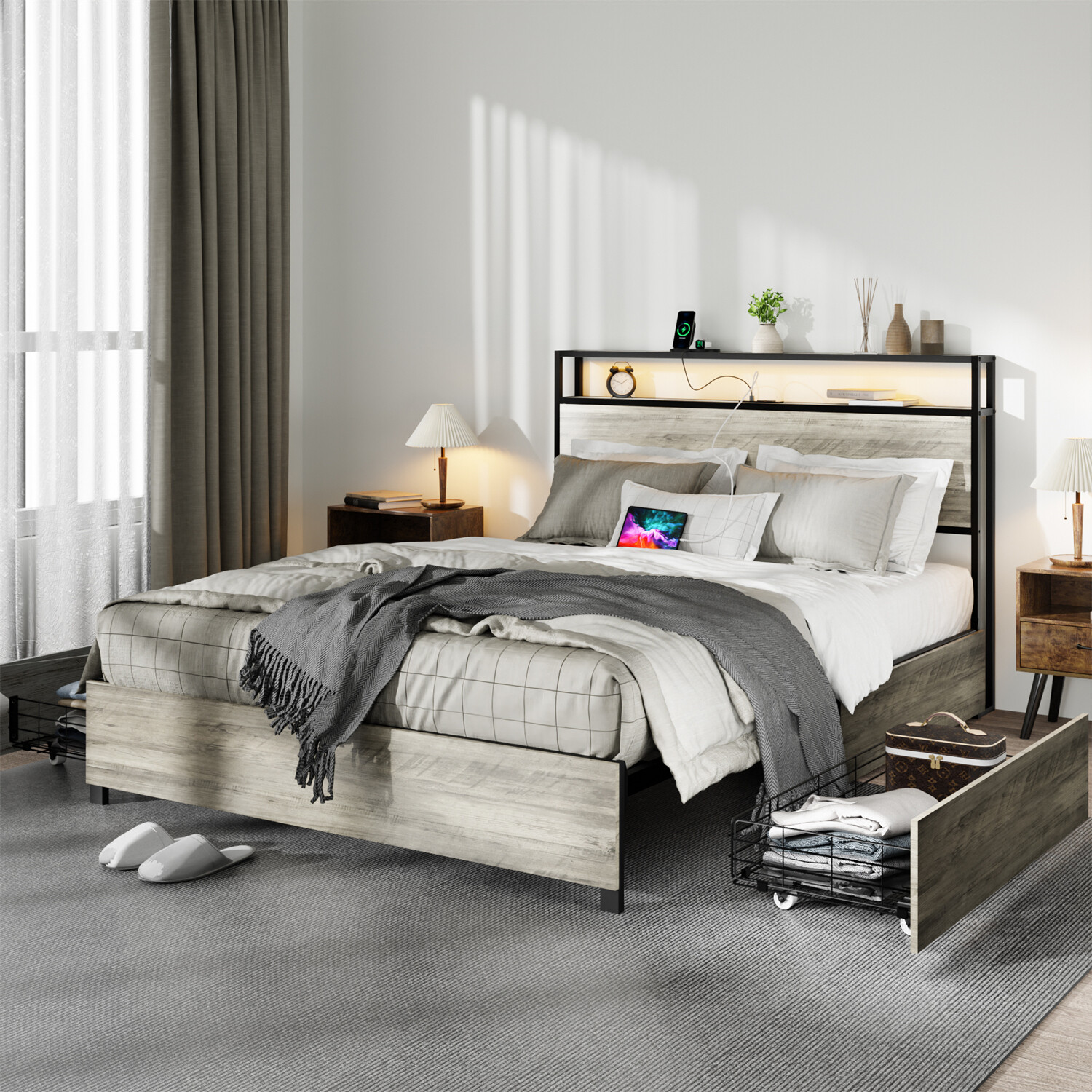 Full/Queen Size Bed Frame Metal Platform Bed with 4 Storage Drawers & USB Port