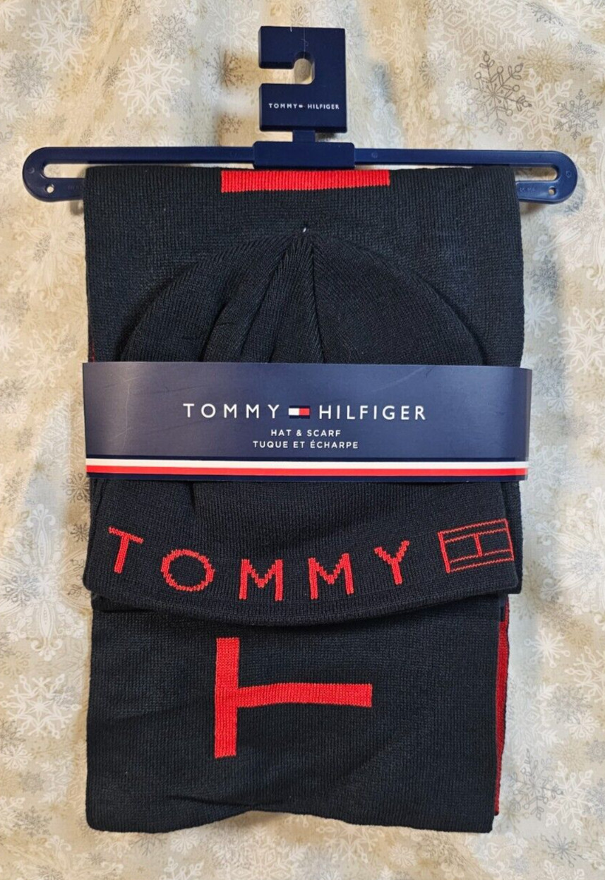 Tommy Hilfiger Beanie Hat & Scarf Set w/ Iconic Logo, Red, Navy Blue SHIPS FREE!