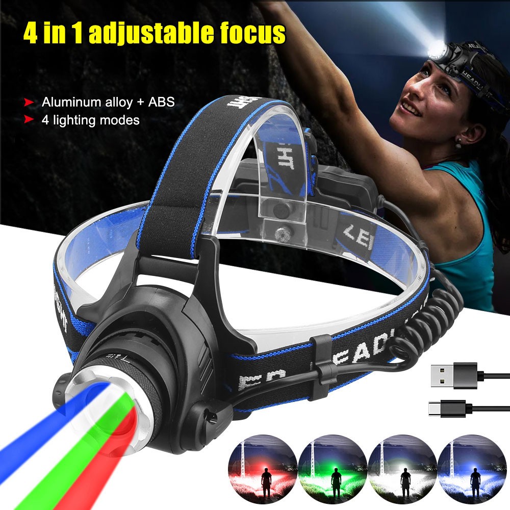 Red Green Blue White LED Work Light Headlamp Zoom Adjustable Focus USB Charging