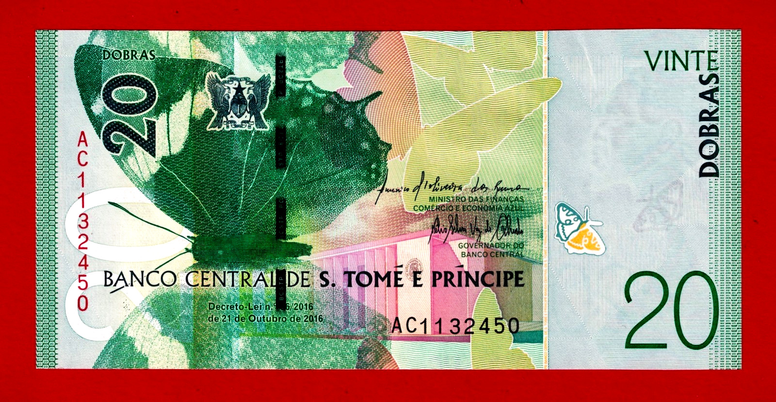 São Tomé and Príncipe Saint Thomas 20 Dobras 2016 UNC Note Butterfly Frog P-72a