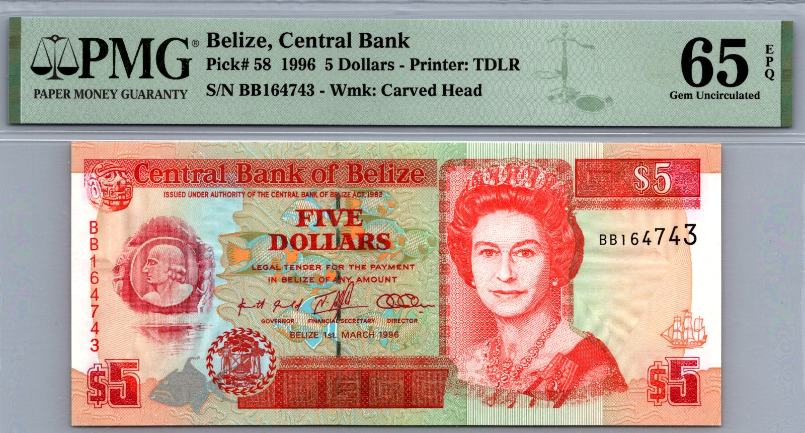 Belize 5 Dollars 1996 PMG 65 EPQ GEM UNC Pick # 58