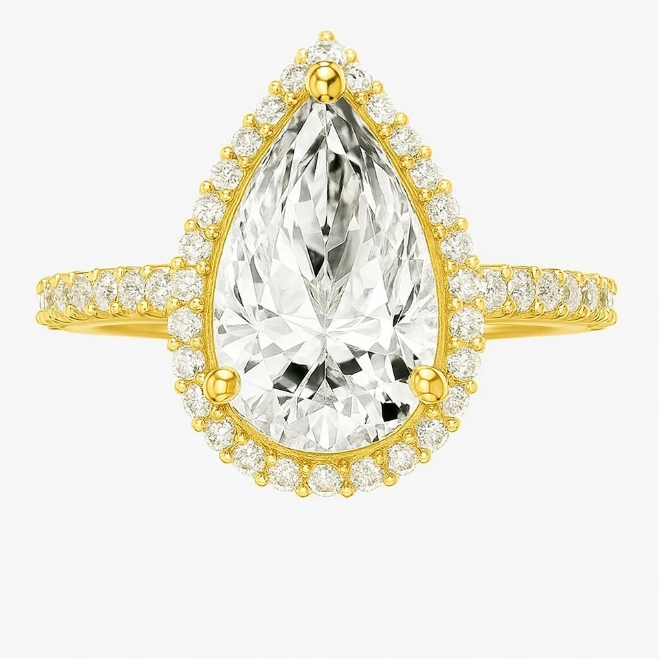3.80 Ct White Moissanite Pear Cut Halo Setting Engagement Wedding Ring