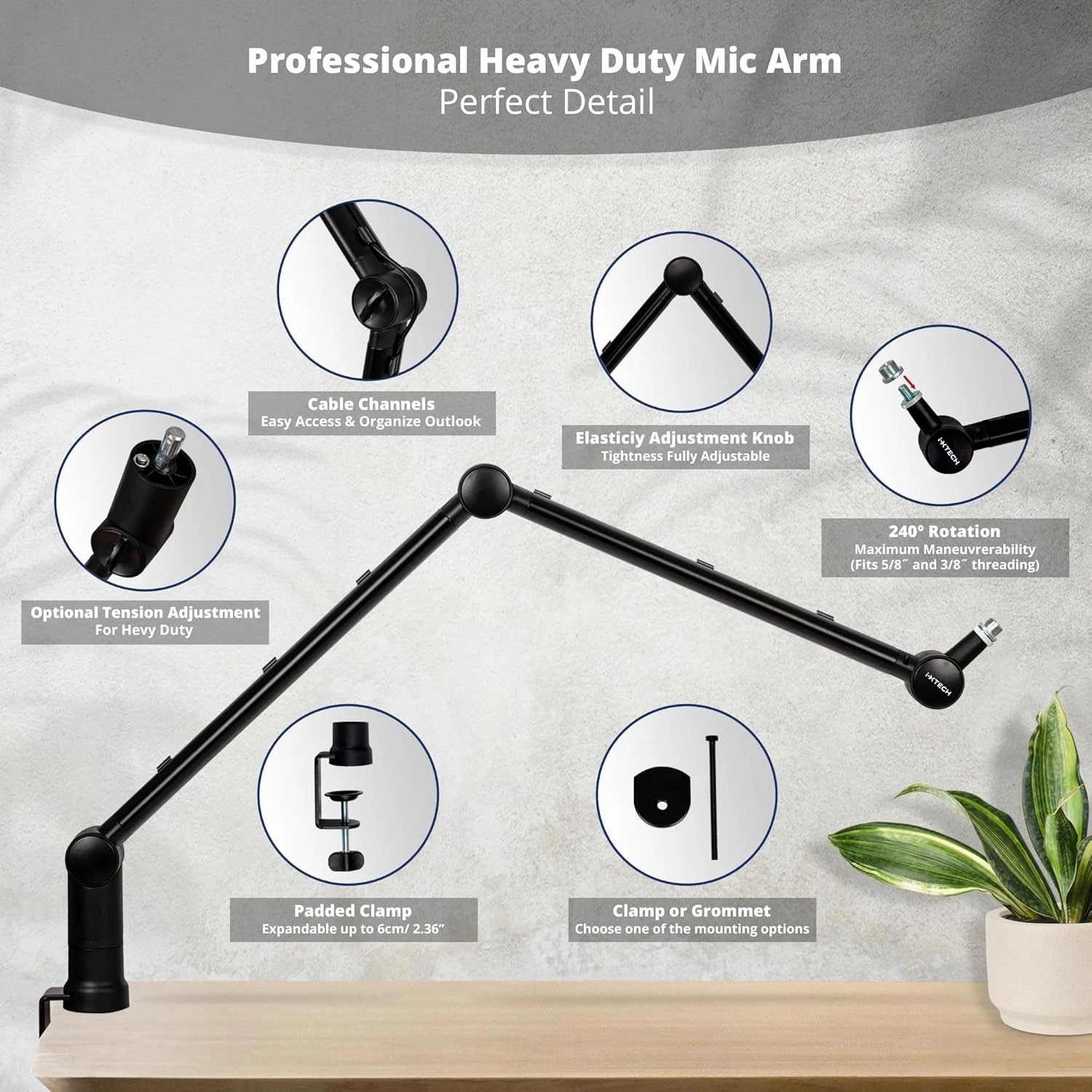 Boom Arm - Adjustable 360° Rotatable Microphone Sturdy Stainless Steel Mic De...