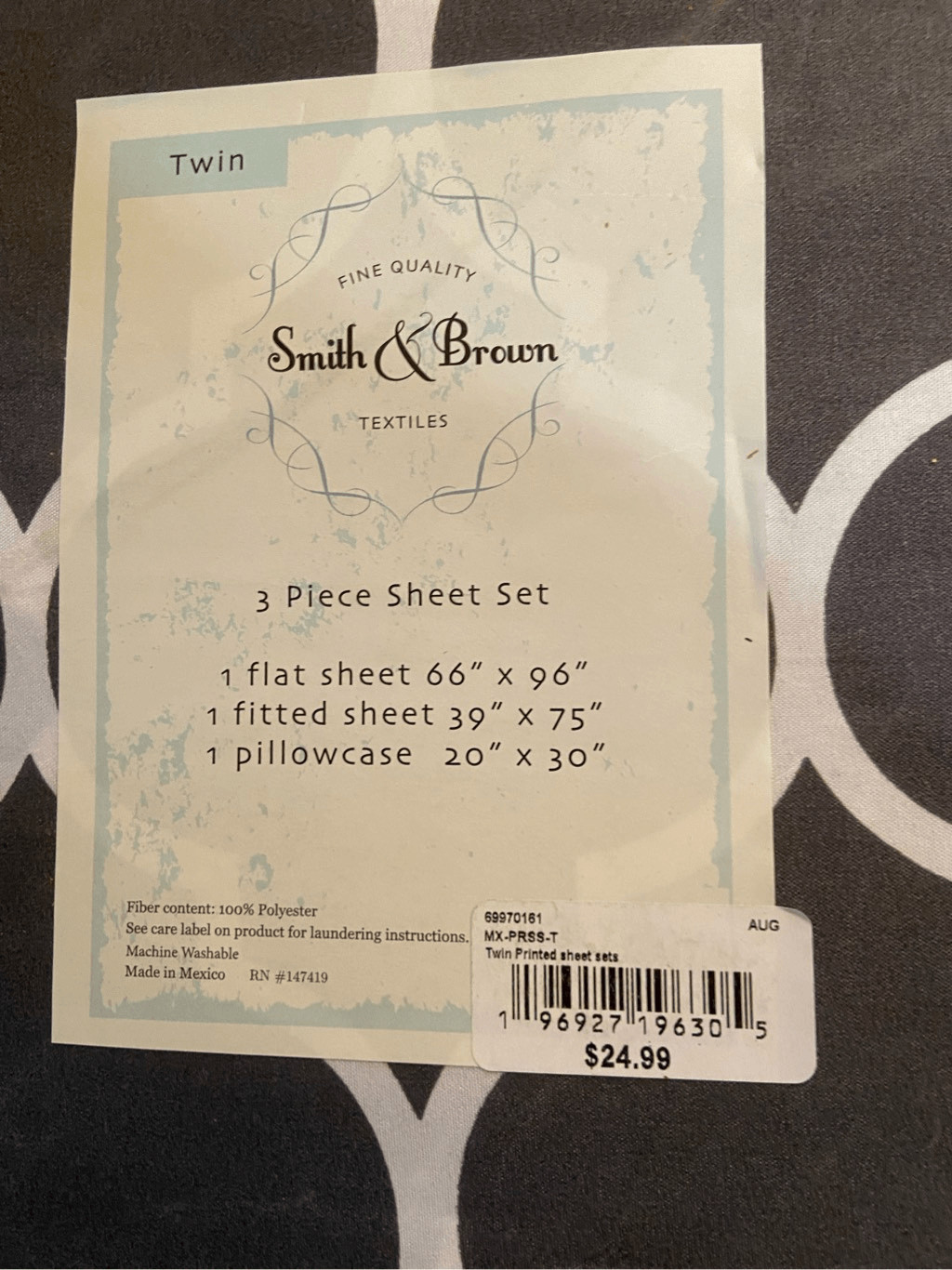 NWT Smith & Brown 3 Piece Twin Sheet Set