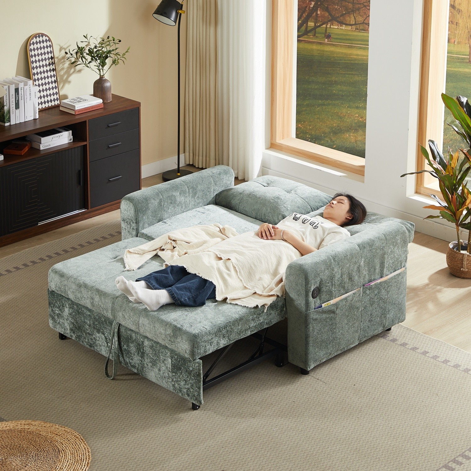 Chenille Sleeper Sofa Bed Loveseat Convertible with Pull Out Bed & USB Port
