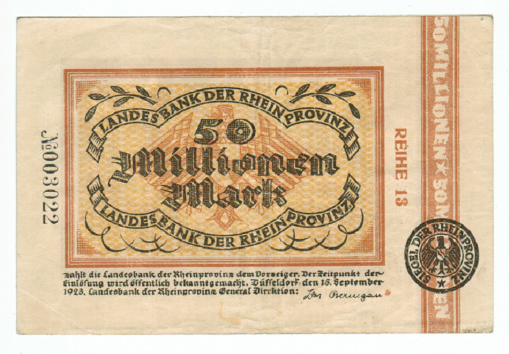 GERMANY RHEINPROVINZ BANK 50 MILLION MARK 1923