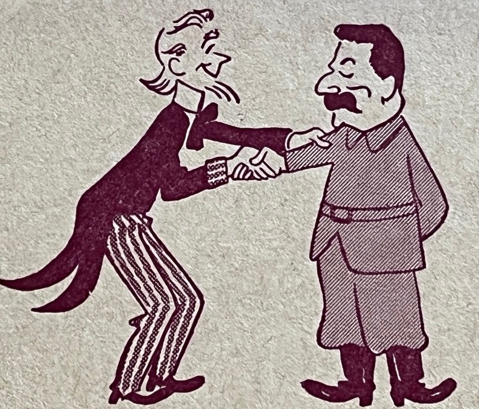 UNCLE SAM & STALIN SHAKE, HITLER, ROOSEVELT 1933 CARTOON BANNER LIME BLOTTER